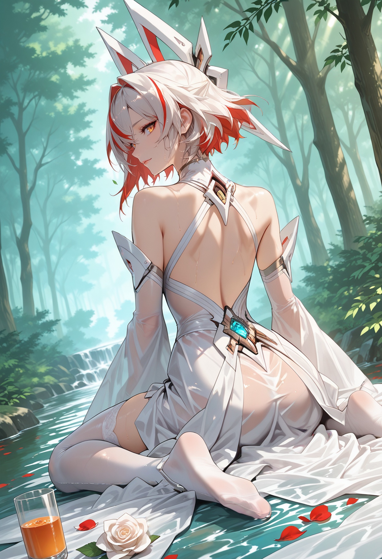 solo,((masterpiece,best quality,official art,extremely detailed CG unity 8k wallpaper))),incredibly absurdres,((beautiful detailed eyes)),((an extremely delicate and beautiful)),dynamic angle,floating,(beautiful detailed eyes),(detailed light) (1girl),floating hair,glowing blue eyes,wet see- through white wedding dress,feather,leaves,nature,(sunlight),river,river is covered by leaves,(forest),(painting),(sketch),(bloom),white wet silk stocking,((wariza ))covered with rose petals,surrounded by white rose,wet white kneehighs,beverage,bare shoulder,wet,wariza,dhalter dress,sliver hair,back,backless,backless dress,look back,<lora:极狐:1>,jihu,1girl,short hair,thighhighs,yellow eyes,white hair,red hair,multicolored hair,japanese clothes,wide sleeves,two-tone hair,streaked hair,mechanical ears,