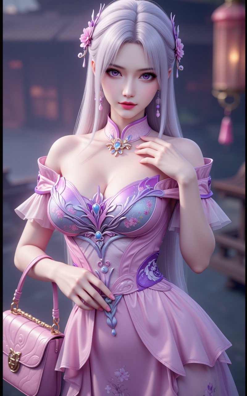 xiaoyixian,lvjing,white hair,long hair,purple eyes,jewelry,hair_ornament,1girl,dress,breasts,china dress,braid,chinese clothes,earrings,jewelry,floral print,blurry background,looking at viewer,sleeveless dress,sleeveless,blurry,bag,pink dress,solo focus,holding,parted lips,handbag,holding bag,large breasts,bare shoulders,print dress,cover,simple background,gradient_background,Close-up details,outstanding style,adding a touch of dimension to your images without compromising details,close-up,