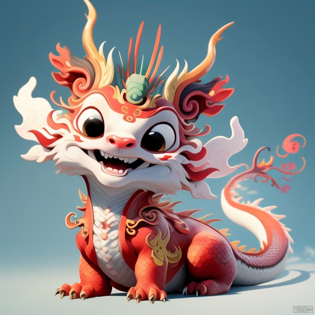 Chinese dragon,  cute, solo,  looking at viewer, smile,  open mouth,  simple background,  Technology Blue background,  full body,  black eyes,  no humans,  happy,  Chinese elements,  loli,  HTTP,  jewelry,  full body,  dragon,  scales,  looking at viewer,  colored sclera,  Chinese Dragon Year,  joyful atmosphere