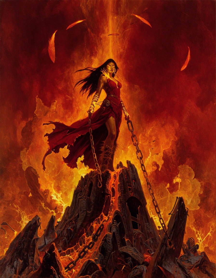 A battle-worn female pyromancer stands atop a crumbling volcanic spire,  camera angle from below capturing her silhouette...