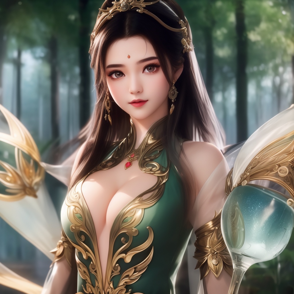<lora:715-DA-师兄啊师兄-龙吉:0.8>(,1girl, ,best quality, ),looking at viewer,  ,ultra detailed background,ultra detailed background,ultra realistic 8k cg,(masterpiece:1.2),(best quality:1.2),(ultra detailed:1.2),(official art:1.3),(beauty and aesthetics:0.8),detailed,(intricate:0.8),(highly detailed),(solo),delicate countenance,1girl,fancy,(glassy texture:1.2),(crush:1.2),8k,accessory,tattoo,(transparent:1.1),gown,energy encirclement,instant,in the twinkling of an eye,upper body,woman in a mythical forest, masterpiece, perfect face, intricate details, horror theme, raw photo, photo unp(cleavage),,