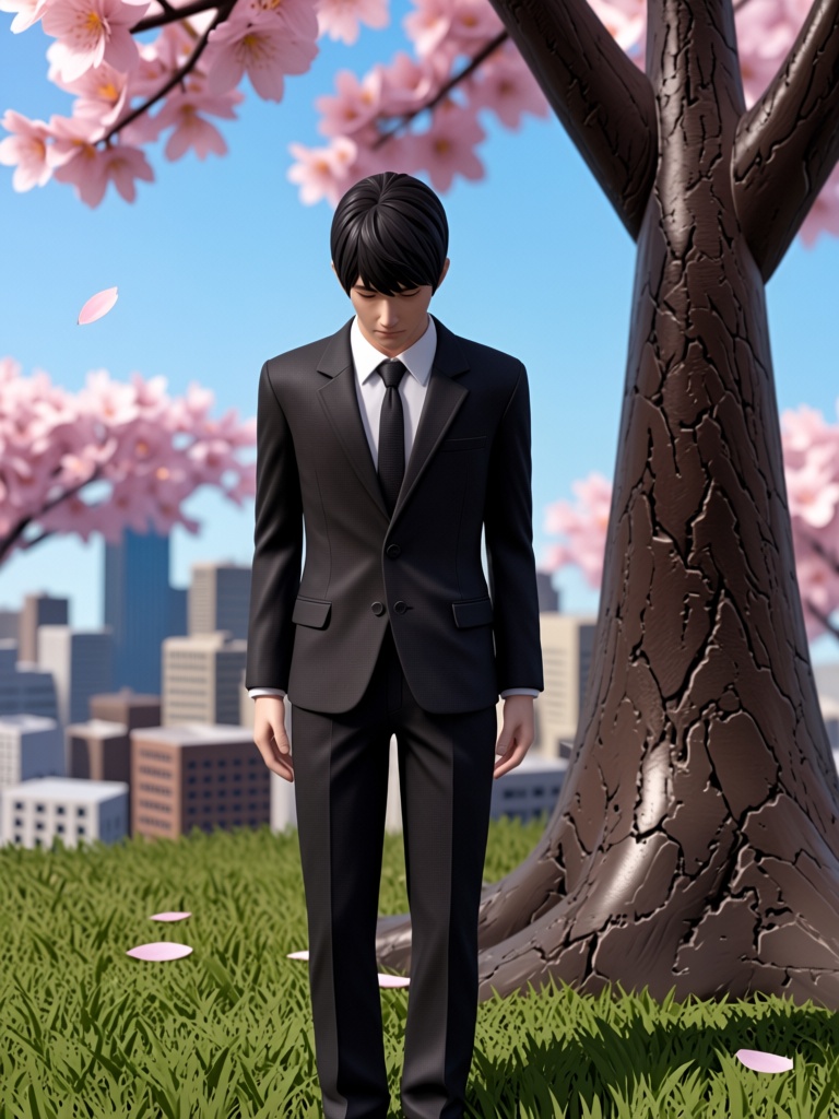 This realistic 3D-style image captures a full-shot of a slim male figure with short black hair standing outdoors beneath a...
