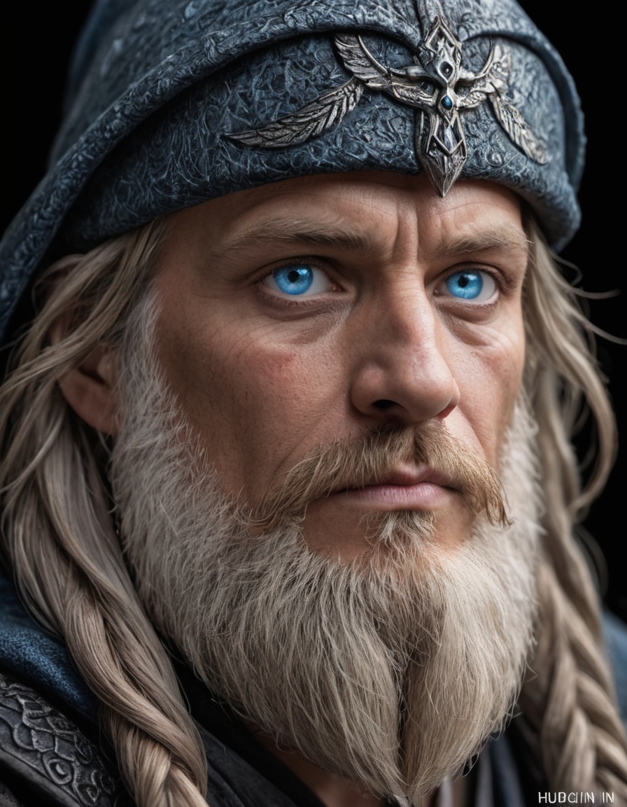 close-up portrait. Intricately detailed,  the portrait will capture his piercing blue eyes,  symbolizing wisdom and insigh...