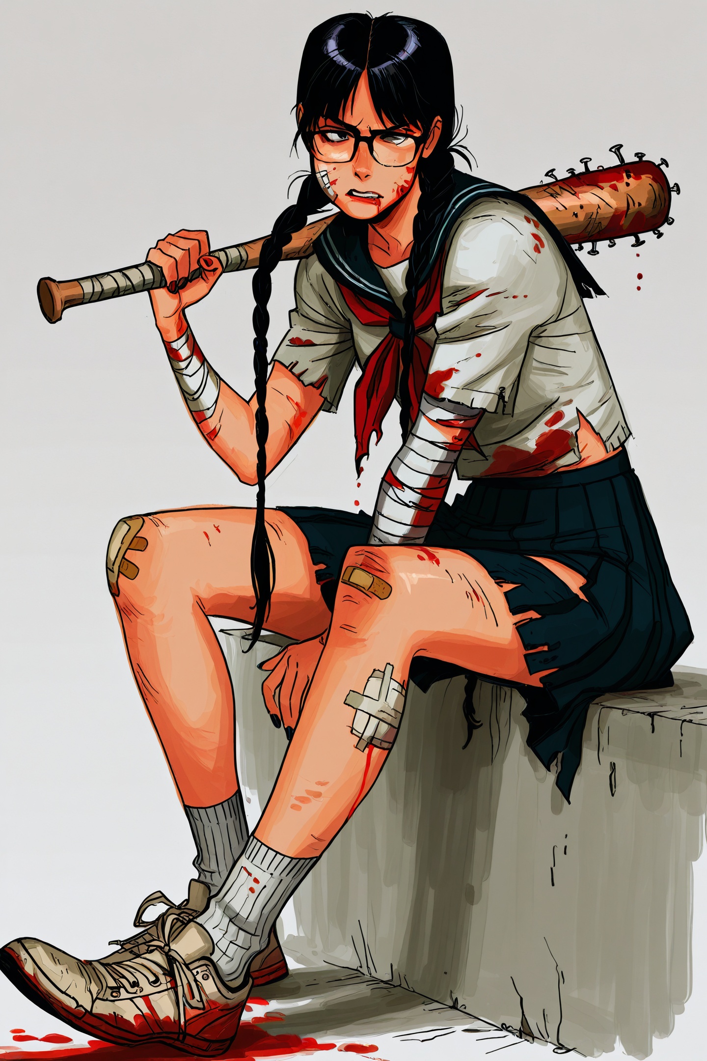 ami thompson Style,1girl,blood,solo,baseball bat,glasses,school uniform,black hair,braid,bandages,twin braids,skirt,bandaid,long hair,injury,sitting,serafuku,socks,torn clothes,blood on clothes,weapon,blood on face,nail bat,blood on weapon,shoes,white background,<lora:ami thompson_illustriousXL:1>,