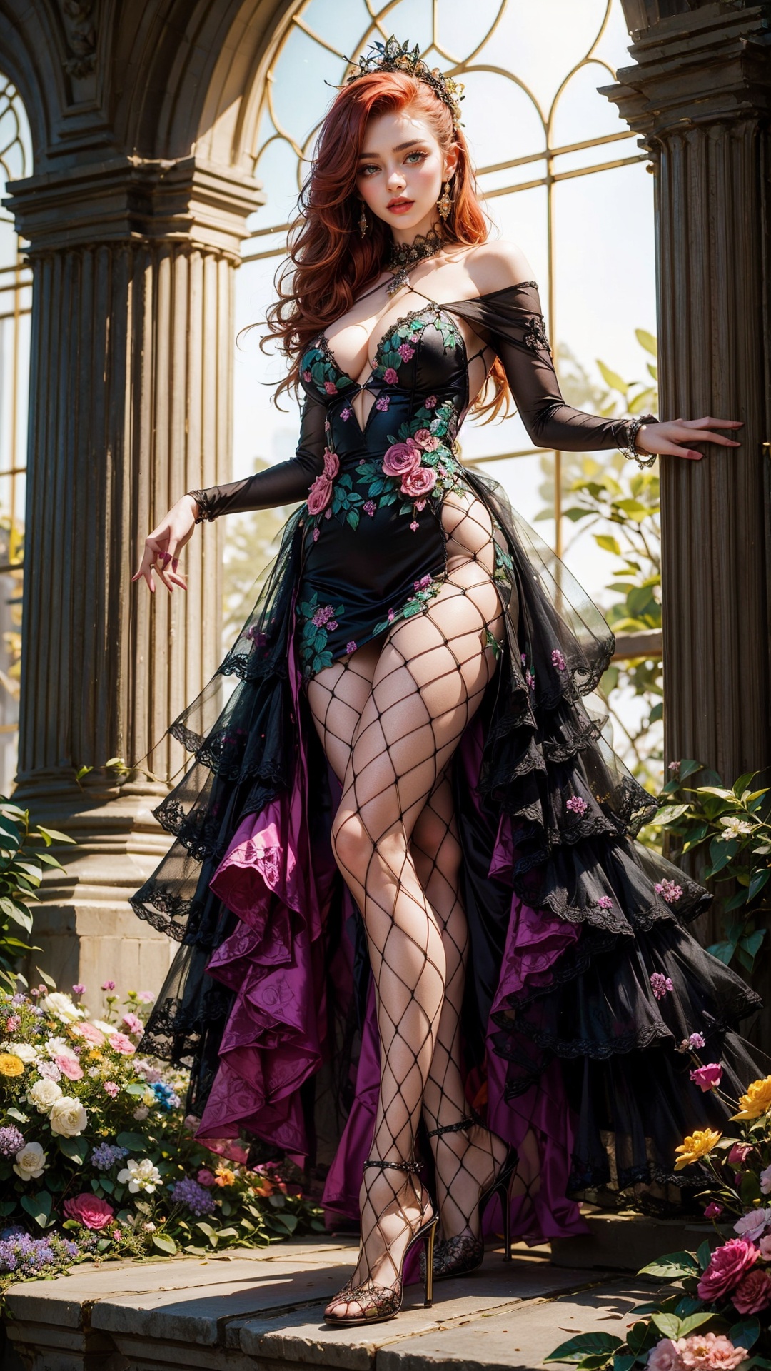 (tutututu),  fishnet pantyhose,  a captivating woman adorned in a vibrant dress crafted from an array of colorful flowers....
