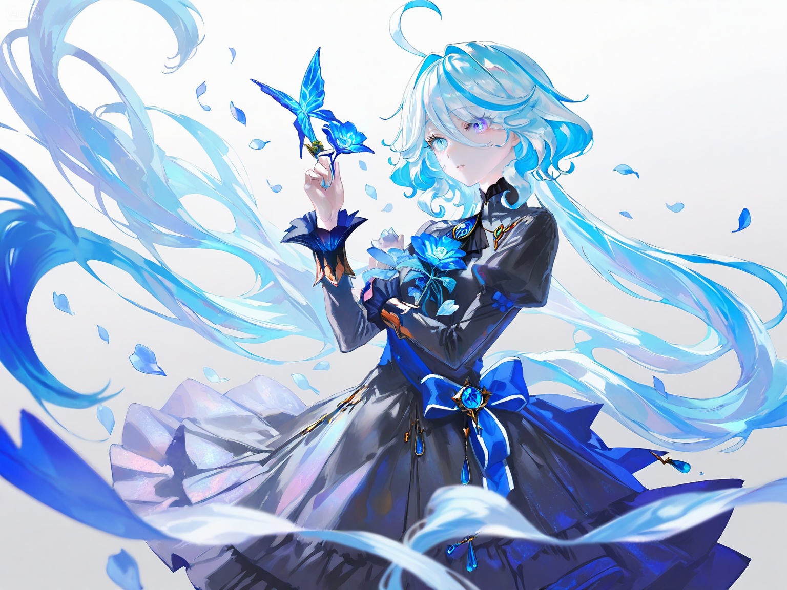youhua,FURINA\(genshin impact\),, 1girl,solo,purple eyes,heterochromia,butterfly,bug,long hair,flower,multicolored hair,blue hair,long sleeves,ahoge,bangs,blue eyes,white background,puffy sleeves,upper body,parted lips,hair between eyes,hair ornament,petals,holding flower,black dress,dress,hand up,simple background,streaked hair,shirt,juliet sleeves,, depth of field,masterpiece,best quality,very aesthetic,alternate costume,alternate costume,2024,2023,perfect composition,ultra-detailed,extreme aesthetic,(quasarcake:0.7),masterpiece,best quality,good quality,newest,year 2024,year 2023,very aesthetic,absurdres,looking_at_viewer,(cowboy_shot:1.2),, Negative prompt: (cleavage:1.4),(hat:1.2),(worst quality:1.2),(low quality:1.2),(normal quality:1.2),lowres,bad anatomy,bad hands,signature,watermarks,ugly,imperfect eyes,skewed eyes,unnatural face,unnatural body,error,extra limb,missing limbs,painting by bad-artist,nsfw,nsfw,,nsfw, Steps: 25, Sampler: Euler a, CFG scale: 3.5, Image CFG scale: 1.5, Seed: 1314951225, Size: 1536x1152, Model hash: c686d1b91d, Model: DJ_自用大模型_【无需lora】_illu_V1.safetensors, Denoising strength: 0.4, Clip skip: 2, ENSD: 31337, RNG: CPU, Mask blur: 4, Lora 1: DJ_滤镜-色彩魔术-ill, Lora Hash 1: a74c2f7b04, Lora Weight 1: 0.6, Lora 2: DJ_滤镜-油画风格-ILL, Lora Hash 2: 6c8e936950, Lora Weight 2: 1.0, vae_name: automatic