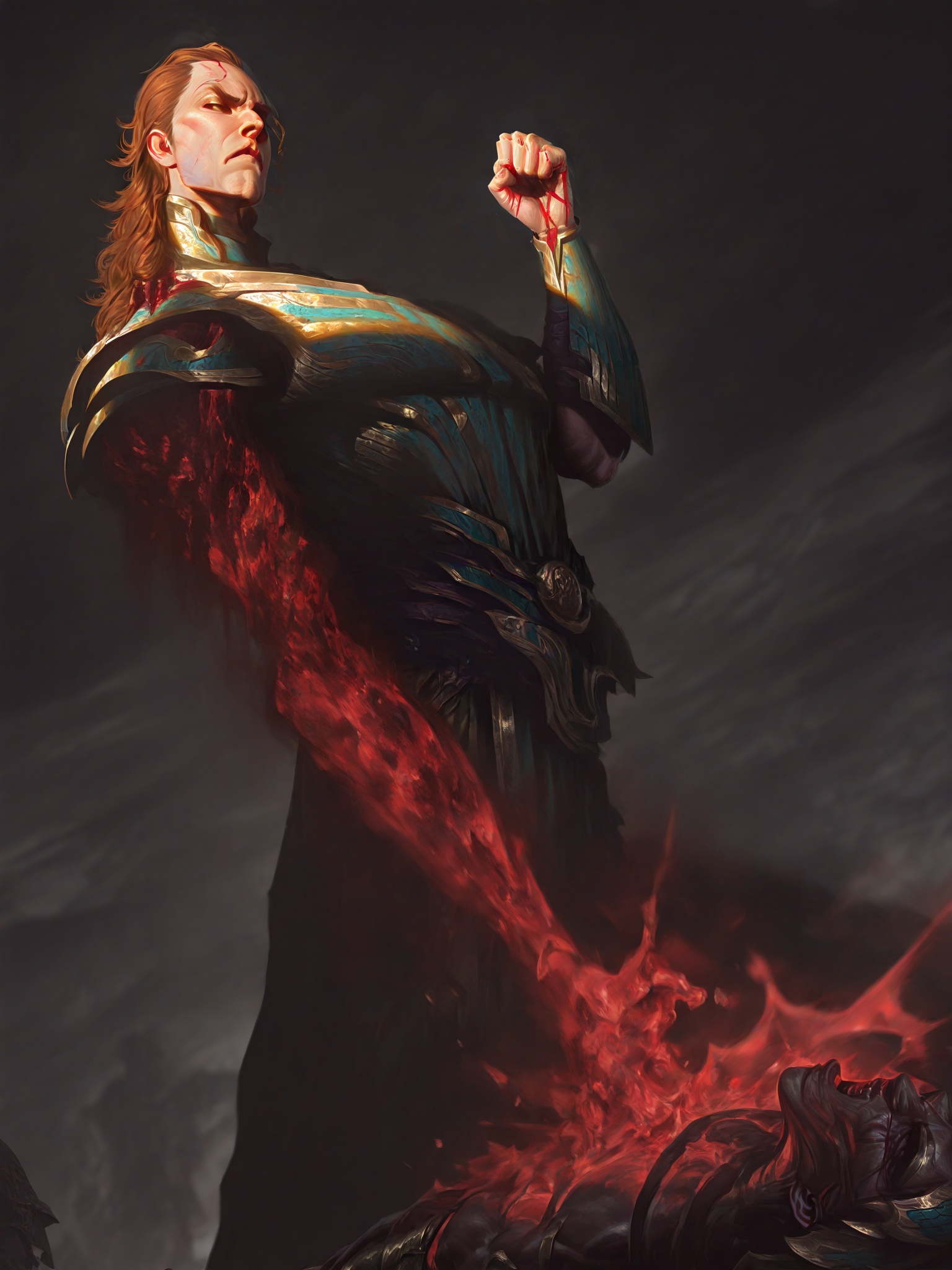 extremely detailed CG,masterpiece,best quality,detailed,highres,newest,recent,dramatic lighting,chiaroscuro,ray tracing,high detailed eyes,perfect eyes,depth of field,dynamic fuzzy,masterpiece,absurdres,incredibly absurdres,best quality,smooth skin,delicate hands,perfect proportions,masterpiece quality,8k,sharp focus,clean composition,no clutter,aesthetic pose,contour_deepening:0.2,<lora:万智牌-000010:0.95>,<lora:L0LSPL4SH_IllustriousXLv01:0.4>,<lora:写实游戏厚涂_v1:0.4>,<lora:USNR STYLE_XL_loha:0.4>,<lora:zhongguoduliu-v3-illustrious:0.3>,<lora:ck-shadow-circuit-IL:0.5>,MLiang wanzhi,1boy,blood,male focus,long hair,armor,solo,injury,manly,clenched hand,blood on hands,brown hair,corpse,vambraces,bleeding,