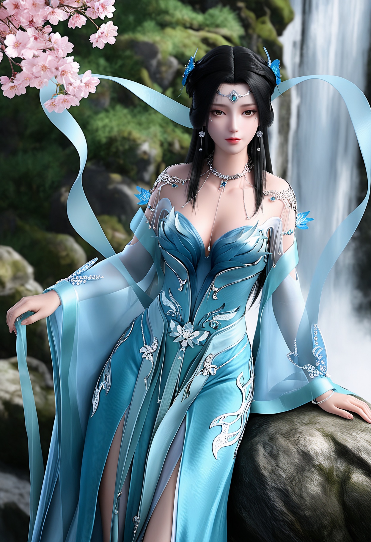 masterpiece,best quality,amazing quality,high resolution,ultra-detailed,absurdres,(looking at viewer:1.1),upper body,(moody lighting:1.1),waterfall,peach blossom,falling petals BREAK (large breasts:0.8),jianglisz,1girl,solo,black hair,long hair,hair ornament,jewelry,earrings,necklace,dress,blue dress,butterfly hair ornament,bare shoulders,brown eyes,glowing light blue ribbons,shawl,shoes,blue footwear BREAK photorealistic details,<lora:QQSilljiangliszV1:0.8>,