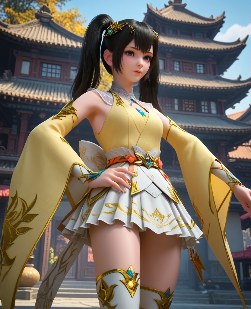 (oriental architecture, elegant decor, sophisticated style:1.1),Hands on hips, facing the camera,,(breasts:1.2),<lora:XL16大主宰叶笋儿:0.95>,preteen girl,yellow camisole,green eyes,black hair,twintails,hair ornament,wide flowing sleeves,white pleated skirt,white boots,, zPDXL2, score_9, score_8_up, score_7_up BREAK realistic, masterpiece,best quality, highly detailed,, zPDXL3, zPDXL2,zPDXL, zPDXLxxx, zPDXLrl,
