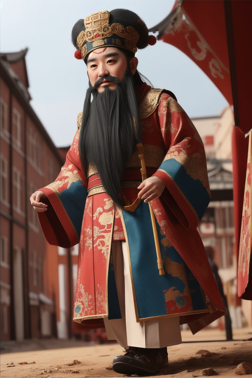 caishen,beard,Low Angle,Ancient architectural background,<lora:caishen-000002:0.7>,Half of one's body,,solo,On one's feet,