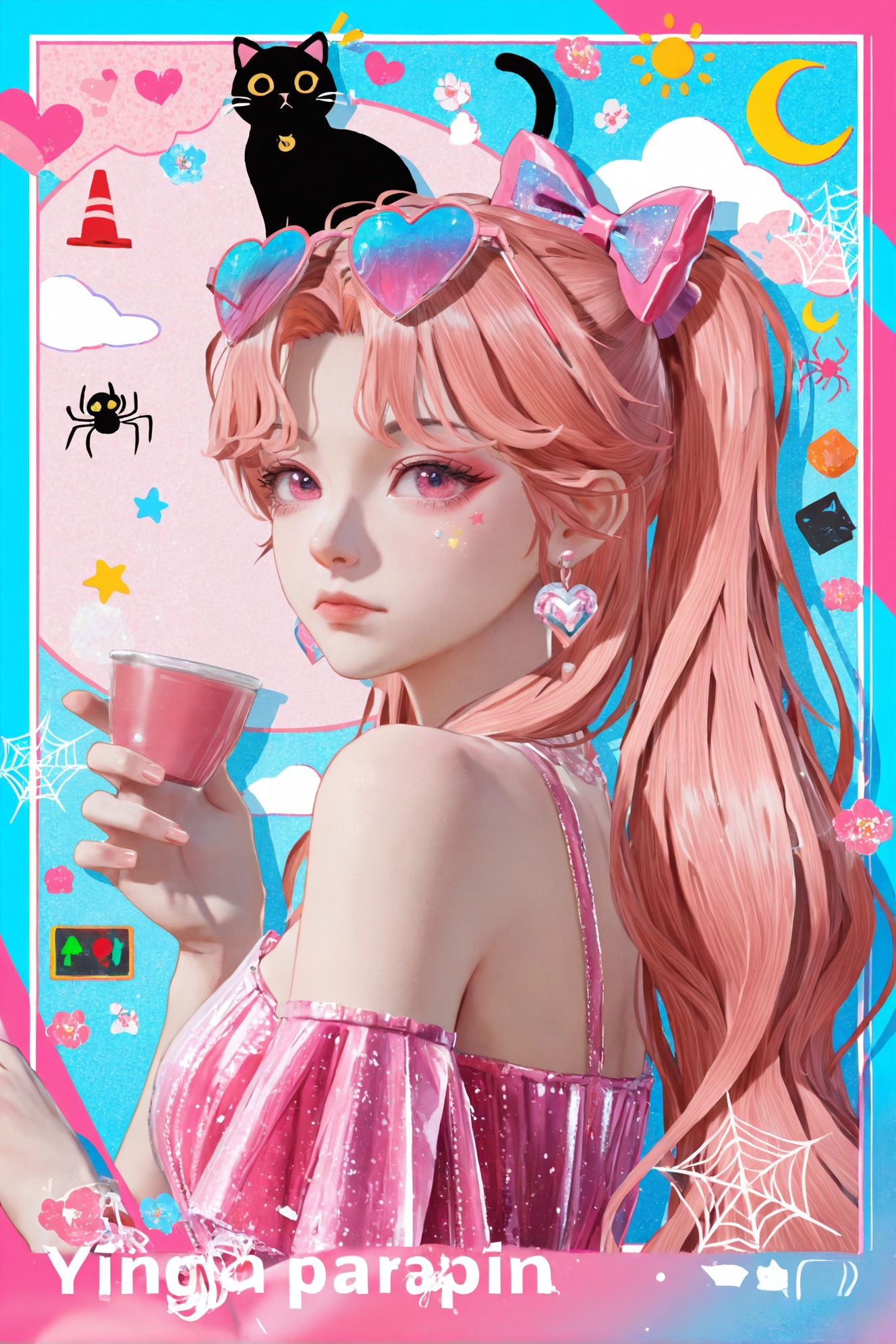 1girl,::,__artist__,year 2024,(drop shadow:1.4),(close-up:0.8),(shadow:1.2),(hands up:1.2),(border:1.2),(outside border:1.2),(hand up:1.2),(character name:1.2),from side,hand up,closed mouth,upper body,high contrast,holding cup,frown,looking at another,looking at viewer,rope,portrait,drop shadow,sparkle,^ ^,flag,moon,bug,notice lines,cloud,spider,traffic cone,star \(symbol\),circle,silk,traffic light,arrow \(symbol\),spider web,pink theme,sun,cube,crescent moon,flower,sunlight,colorful,very awa,masterpiece,best quality,newest,highres,absurdres,black cat,<lora:yingpao-will-Tanger:0.8>,yingpao,clothes: yingpaodef pink dress,yingpaodef hair ornament,1girl,pink hair,long hair,bow,pink footwear,eyewear on head,heart-shaped sunglasses,