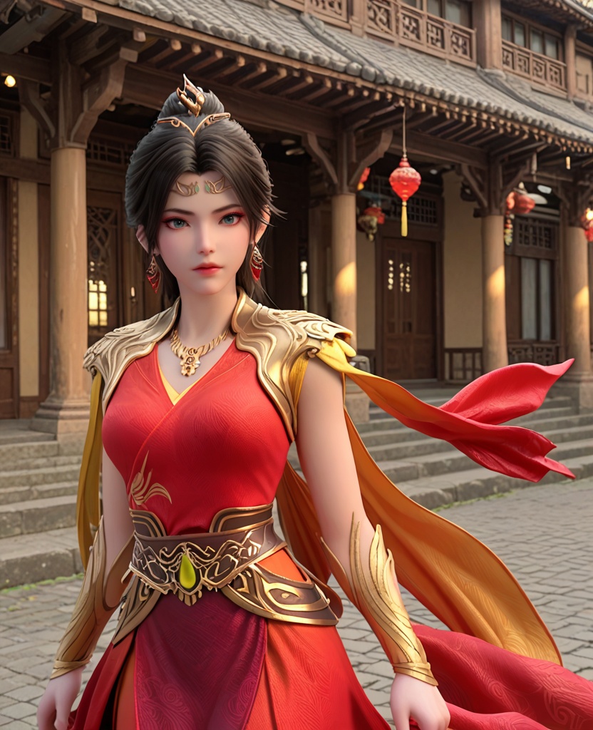 (oriental architecture, elegant decor, sophisticated style:1.1),(Walking with a confident stride, looking determined,:1.1),(breasts:1.2),<lora:XL神墓东方凤凰:0.95>,miss dongfangfenghuang,red dress,sash,pauldrons,necklace,blue eyes,black hair,hair ornament,hair bun,earrings,jewelry,shawl sleeves,bracer,, score_9,score_8_up,score_7_up,score_6_up,score_5_up,score_4_up,3d rendering,tag1,tag2, Cinematic Lighting,backlighting,