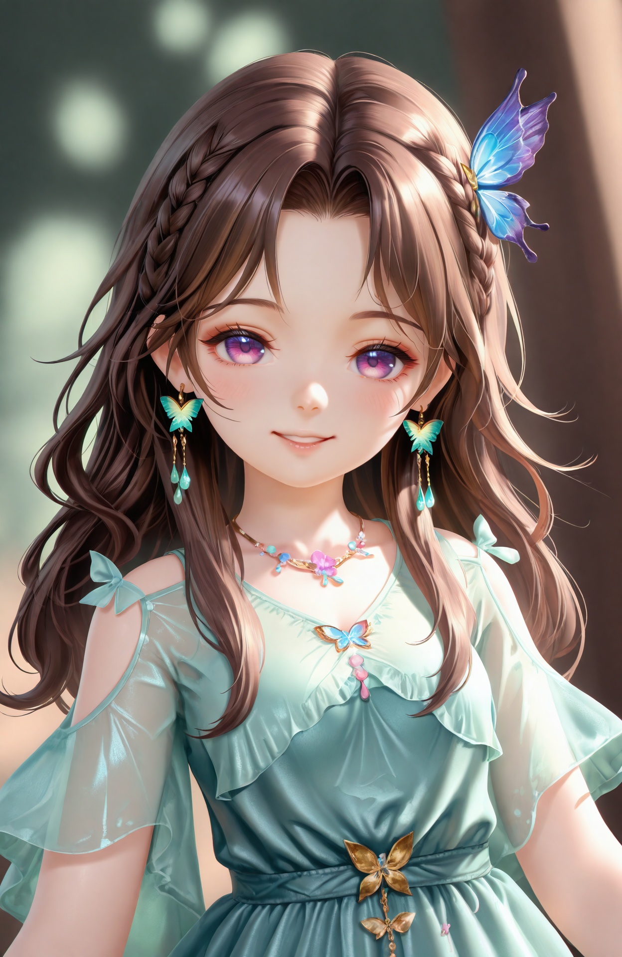 masterpiece,absurdres,best quality,loli,petite,high quality,chromatic_aberration,impasto,highres,absurdres,//,1girl, jewelry, long_hair, solo, dress, hair_ornament, necklace, brown_hair, earrings, blurry_background, green_dress, braid, upper_body, looking_at_viewer, blurry, parted_lips, butterfly_hair_ornament, shoulder_cutout, purple_eyes, smile, blue_dress, see-through, clothing_cutout, teeth, short_sleeves//,<lora:古风厚涂Loli——【CKXL】hans:1>,