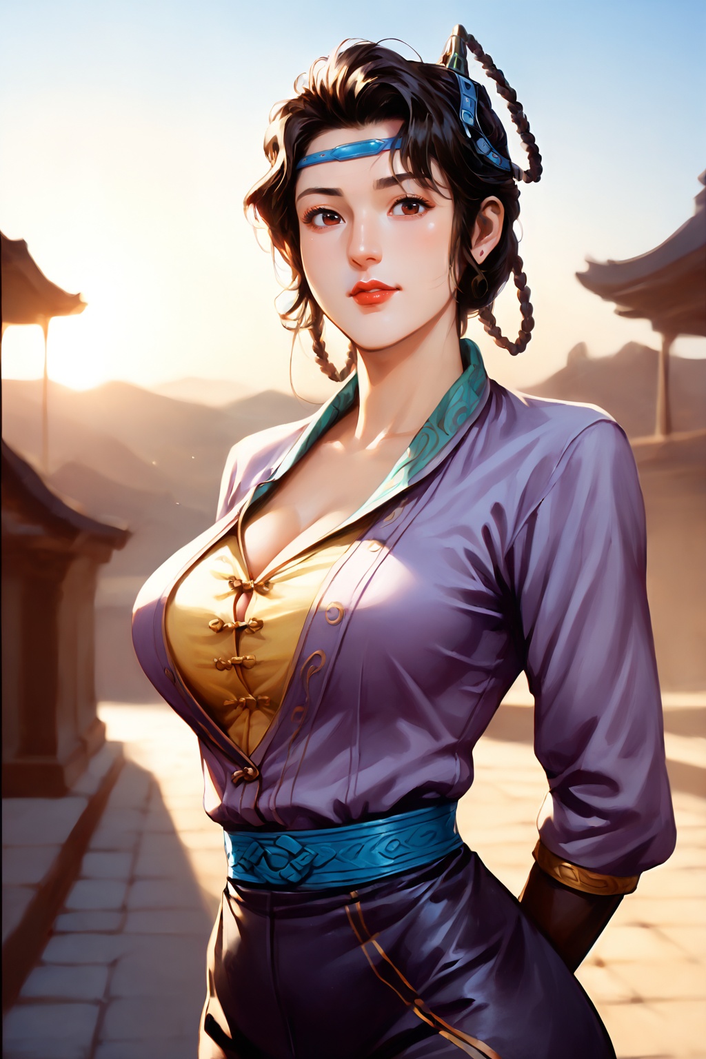 safe_pos,score_9,score_8_up,score_7_up,yuanshen,1girl,solo,black hair,brown eyes,braid,lips,hair rings,lipstick,headband,pants,large breasts,cleavage,arms behind back,looking at viewer,cowboy shot,nice hands,<lora:pony神兵玄奇-北冥雪:1>,(highres, high quality:1.3),intricate details,sharp focus,depth of field,outdoors,sunlight,soft focus,bright skin,Holy lighting,white skin,mature female,magnificent architecture,beautiful detailed sky,overexposure,dynamic pose,dynamic angle,<lora:add-detail-xl:0.5>,mature female,curvy,shiny skin,oiled skin,Expressiveh,