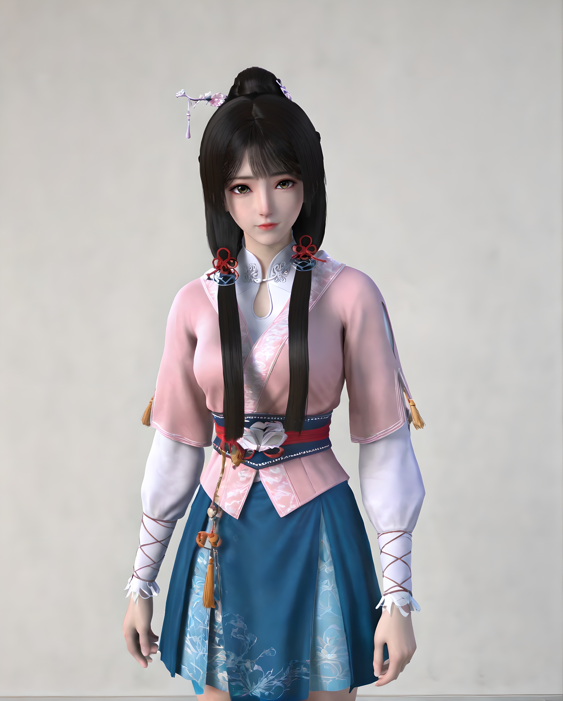 <lora:SF_SongYan_Pony_Realism-000004:0.7>,1girl,solo,dress,bangs,pink clothes,blue skirt,hair ornament,standing,looking at viewer,black hair,long hair,white background,