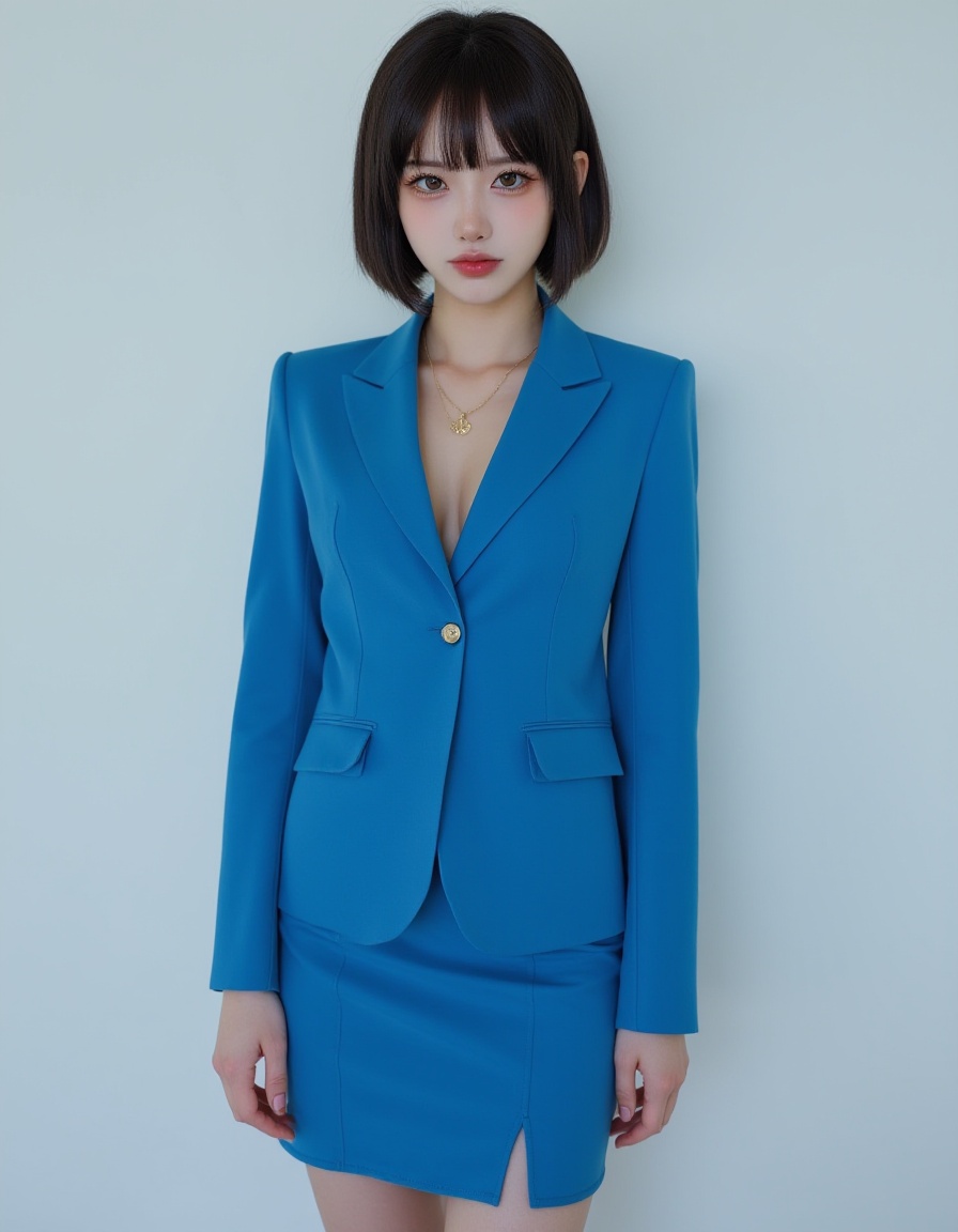best quality, ultra high res, (photorealistic:1.4), RAW photo,(full-body shot),1japanese girl,( a woman with cat-like features, sharp almond-shaped eyes),a bob haircut,a slim body,blue-glossy tight skirt suit, professional, OL style,.
