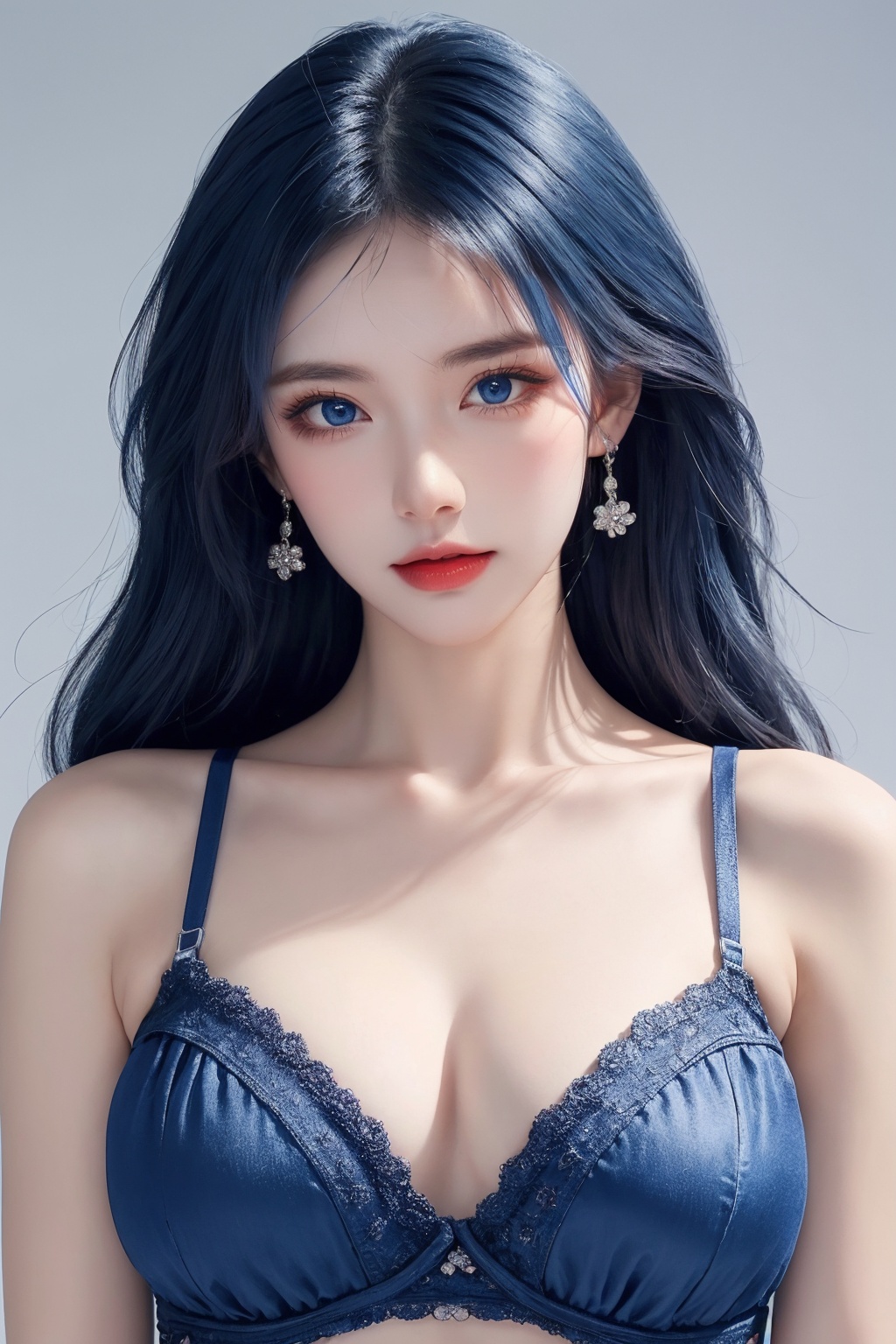 1girl, blue eyes, blue hair, bra, breasts, cleavage, collarbone, earrings, floral print, grey background, jewelry, lace, lace-trimmed bra, lace bra, lace trim, large breasts, long hair, looking at viewer, solo, underwear, upper body ,(blue eyes and blue hair beauty:1.2)  <lora:蓝色:1>