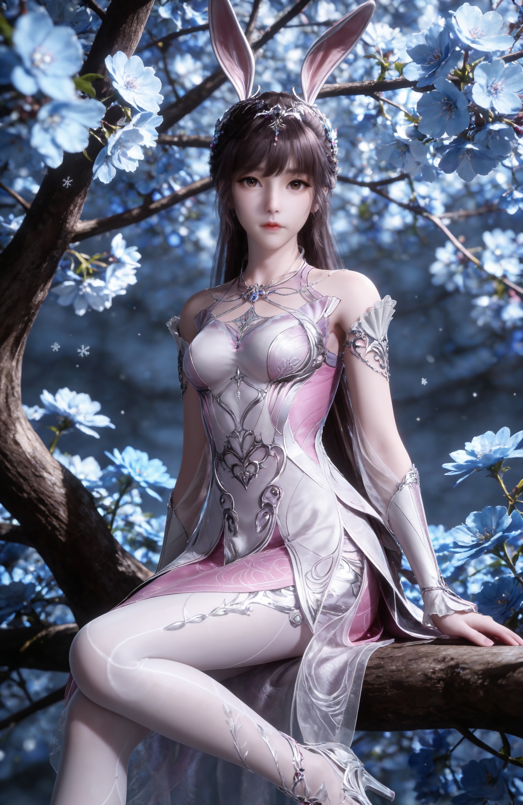 <lora:斗罗大陆-小舞IL:0.8> 1girl, long hair, brown hair,brown eyes, hair ornament, rabbit ears, pink dress, metal collar, bare shoulders, white pantyhose, high heels, solo,  upper body, blue flower, looking at viewer, snowflakes, closed mouth, branch,