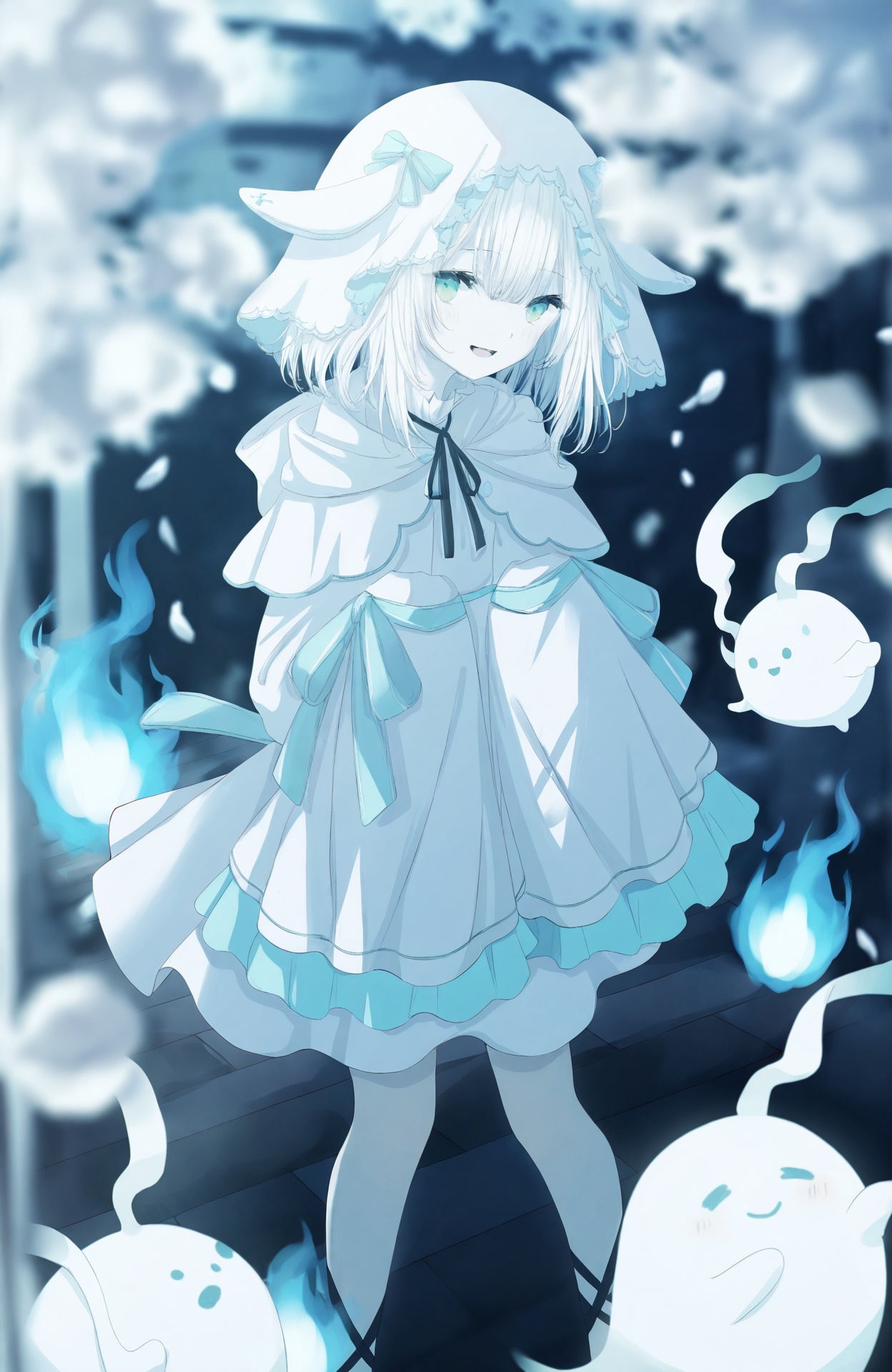 masterpiece,absurdres,best quality,petite,high quality,chromatic_aberration,loli,//,1girl, white_hair, ghost, dress, looking_at_viewer, ribbon, blue_fire, pale_skin, medium_hair, hitodama, blurry, blue_theme, green_eyes, white_dress, sleeves_past_fingers, blurry_foreground, bow, white_theme, neck_ribbon, sleeves_past_wrists, virtual_youtuber, smile, solo, capelet, black_ribbon, long_sleeves, open_mouth,<lora:aestivation——【CKXL】hans:0.88>,