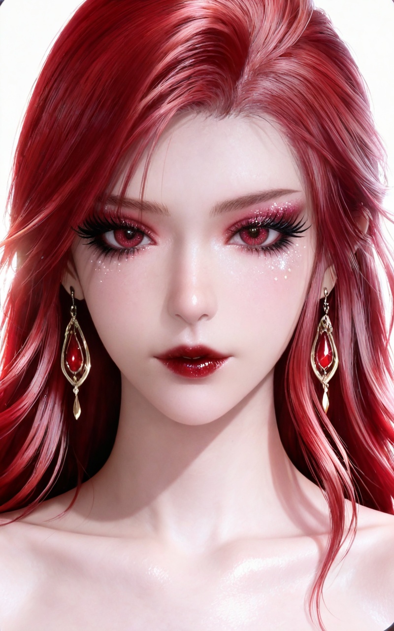 masterpiece,high quality,tall,game cg,highres,(soft light:1.2),white_skin,(shiny_skin:0.6),(realistic:1.1),<lora:马小桃·衣服百搭款·化妆:0.8>,maxiaotao,1girl,solo,earrings,jewelry,red hair,looking at viewer,red lips,makeup,long hair,white background,portrait,red eyes,eyelashes,simple background,eyeshadow,collarbone,lipstick,bare shoulders,realistic,mascara,glitter,