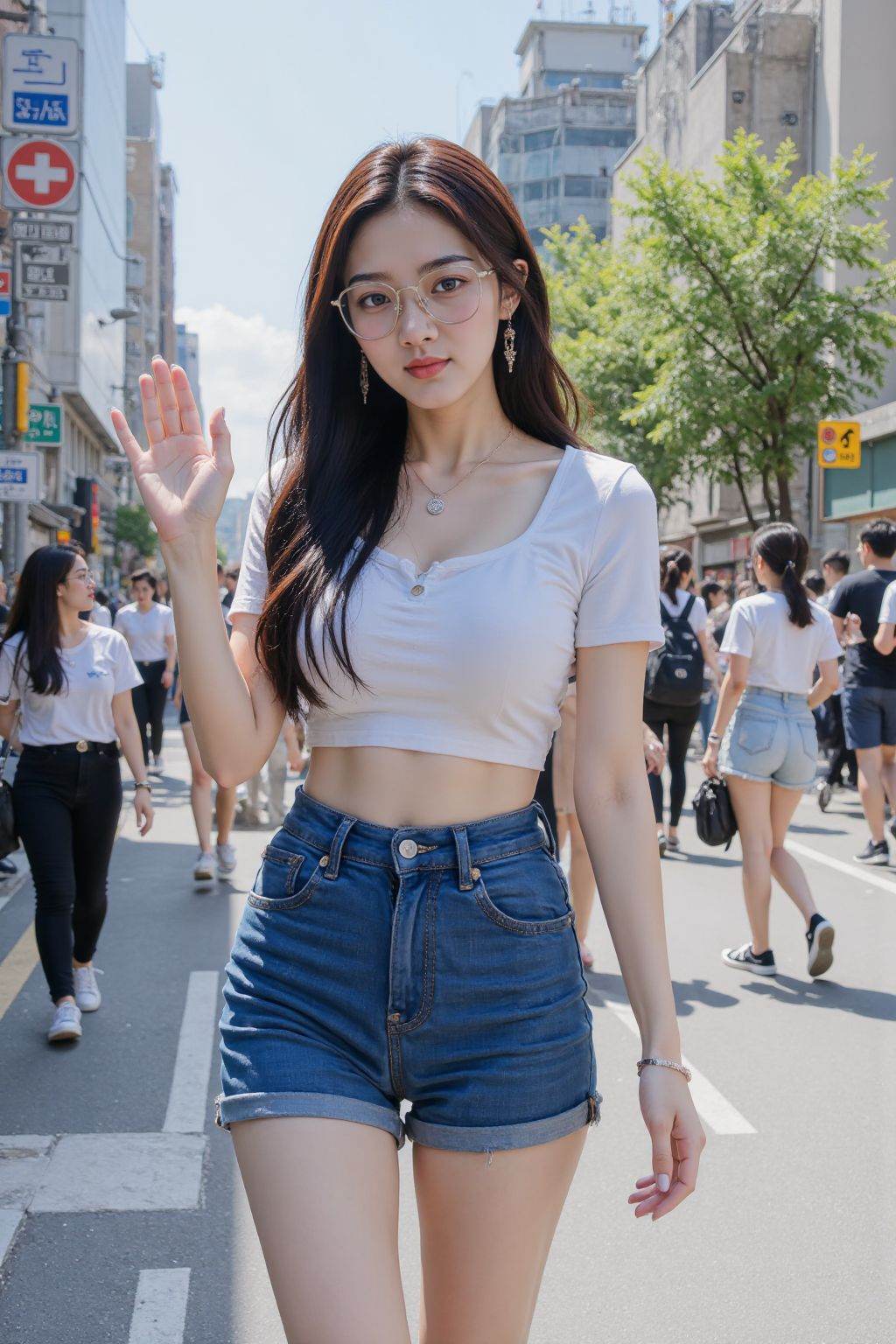 A photograph of a woman with long straight black hair and fair skin, wearing glasses, a white crop top, and high-waisted blue denim shorts. She waves with her right hand, standing in a bustling urban area with people in the background. She has a slender build and a neutral expression. The background includes buildings, street signs, and trees, with a clear blue sky.