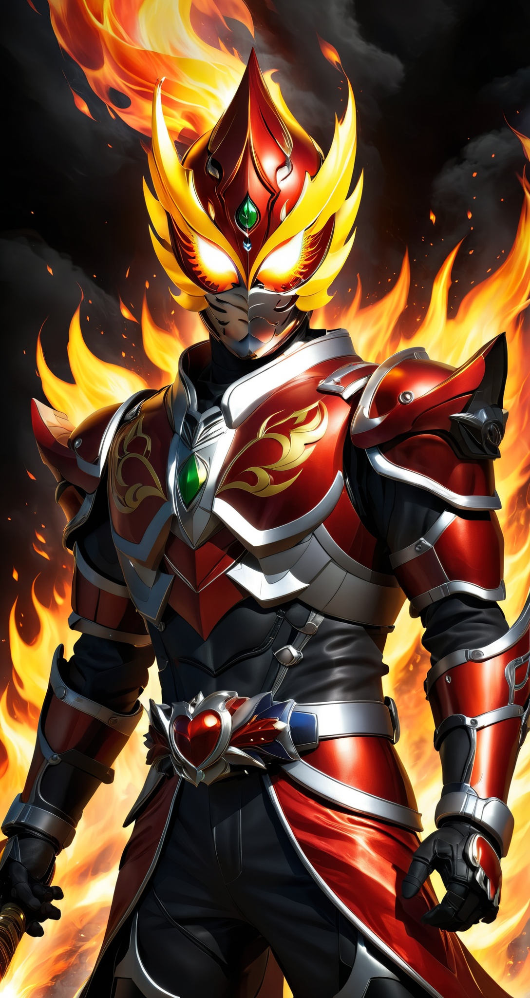 Kamen rider style,  the masked warrior of the Spirit of Fire,  wearing flame armor and holding a flame sword on Tensor.Art