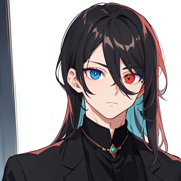 1male,male focus,1boy,black hair,elegant,ELEGANT,long hair,***** male,mature,Long face,masterpiece,best quality,anime style,<lora:standingFullBodyWithBackgroundStyle_v10Offset:1>,<lora:banTEST (3):1>,(((heterochromia))),left red eye,right blue eye,, masterpiece, best quality,