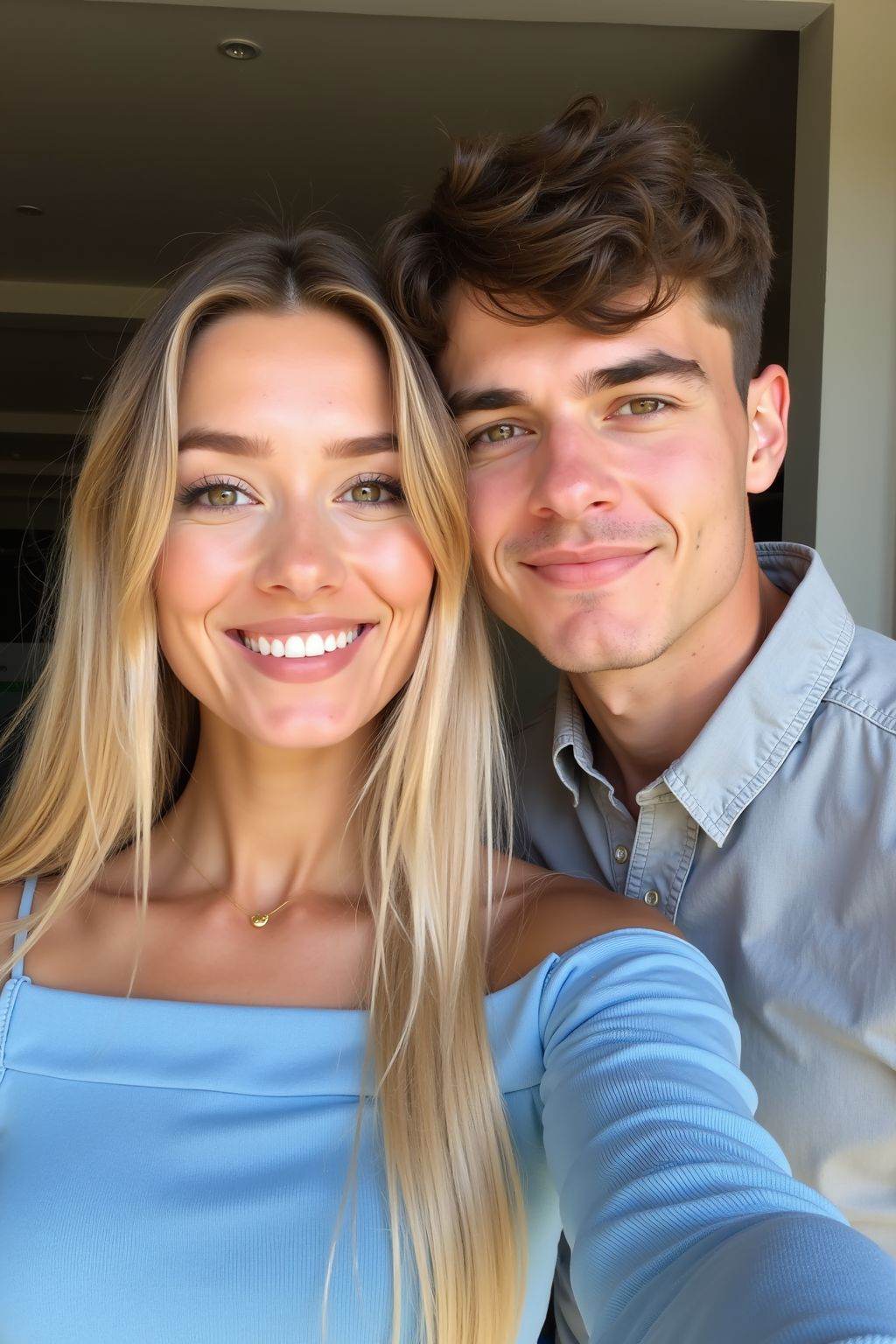 This is a photograph of a young couple posing for a selfie indoors. The woman,  with long blonde hair,  wears a blue boatn...