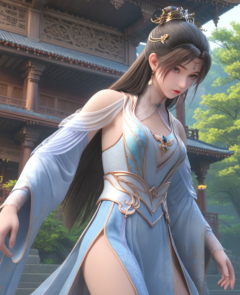 (oriental architecture, elegant decor, sophisticated style:1.1),(Posing with hands in front of the body, fingers intertwined,:1.1),(breasts:1.2),<lora:XL16神墓雨馨:0.95>,miss yuxin,white blue tiered dress,blue eyes,black hair,traditional chinese updo with long cascading hair,hair ornament,jewelry,earrings,sash,, score_9,score_8_up,score_7_up,score_6_up,score_5_up,score_4_up,3d rendering,tag1,tag2, Cinematic Lighting,backlighting,