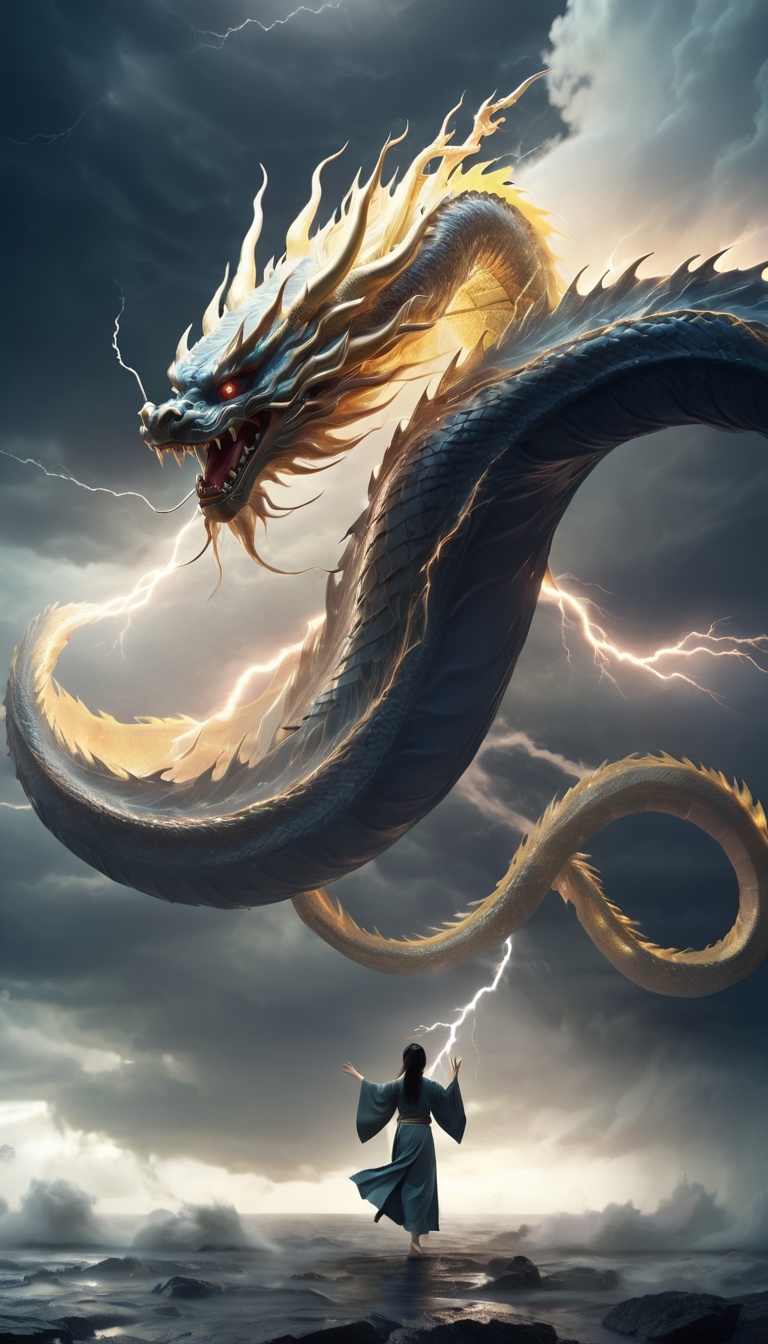 <lora:xl-shanbailing-1215白棱monster-000002:0.9>,bailing_monster,outdoors,(1girl:0.5),darkness,city,mitsu_masaya,huge,a huge monster passes through the clouds,cloudy,thunder,electricity,chinese golden eastern dragon,warlord,DCG,epic scenes,special effects,huge waves,realistic photo,ultimate light and shadow,cast a spell,