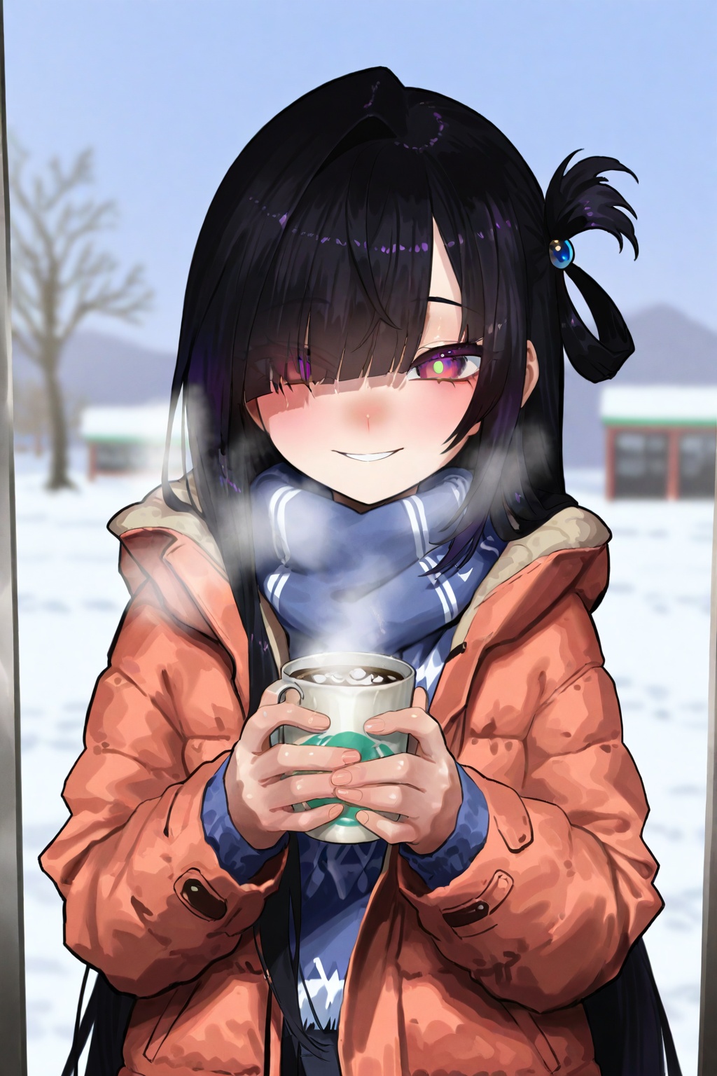 highres,absurdres,Visual impact,masterpiece,best quality,very aesthetic,amazing quality,very awa,newest,<lora:EkreaJan-Style-000050>,\\,1girl,solo,black hair,very long hair,long hair,asymmetric bangs,blunt bangs,diagonal bangs,hair over one eye,eyes visible through hair,single hair intake,single sidelock,single hair ring,red eyes,(gradient eyes:1.6),purple eyes,white pupils,(depth of field:1.3),(bokeh:0.5),(caustics:0.5),puffer jacket, knit beanieshy smile, rosy noseHanding hot drink, breath vaporConvenience store glow, snow outsideSteam rising from cupTwo-shot through glass door