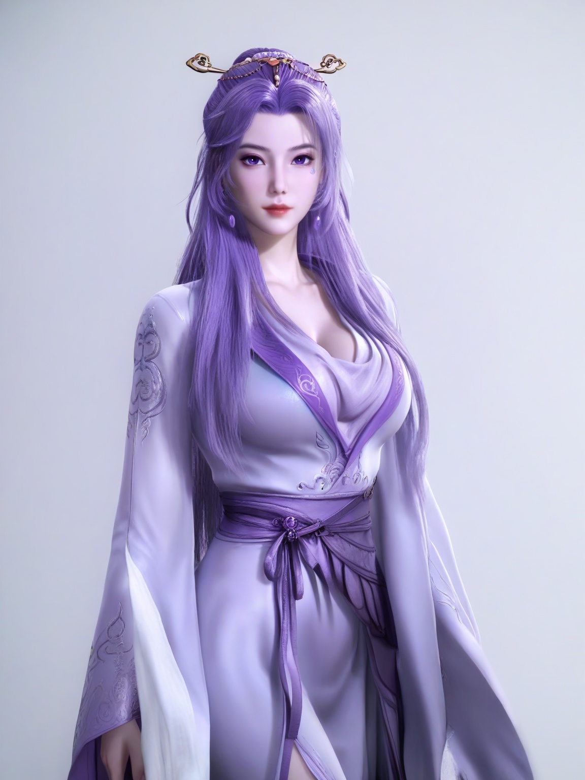 score_9,<lora:SF_YunXiao_Pony_Realism2.3-000004:0.7>,1girl,breasts,large breasts,standing,hair ornament,facial mark,solo,lipstick,long hair, dress,jewelry,purple eyes,purple hair,long sleeves, wide sleeves, cowboy shot,looking at viewer,white background,simple background,