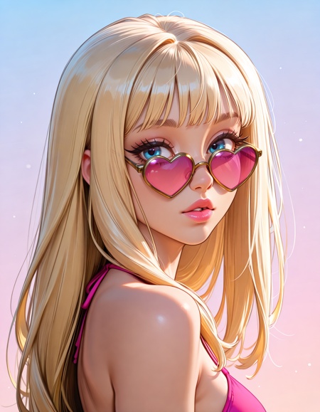 cartoon, perfect quality, high quality, masterpiece, absolutely eye-catching, absurdres, newest, detailed eyes, realistic eyes, (beautiful and aesthetic), very awa, newest, cinematic, from side, 1girl, solo, long hair, looking at viewer, bangs, blue eyes, simple background, shirt, blonde hair, simple background, bare shoulders, upper body, parted lips, glasses, eyebrows, long eyelashes, lips, looking to the side, gradient background, eyelashes, bikini top, light makeup, shadow, sunglasses, glossy lipstick, portrait, close-up, pink lips, heart shaped eyewear, limited palette, low eyewear, gradient eyewear, looking over eyewear, gold-framed eyewear, pink-tinted eyewear,