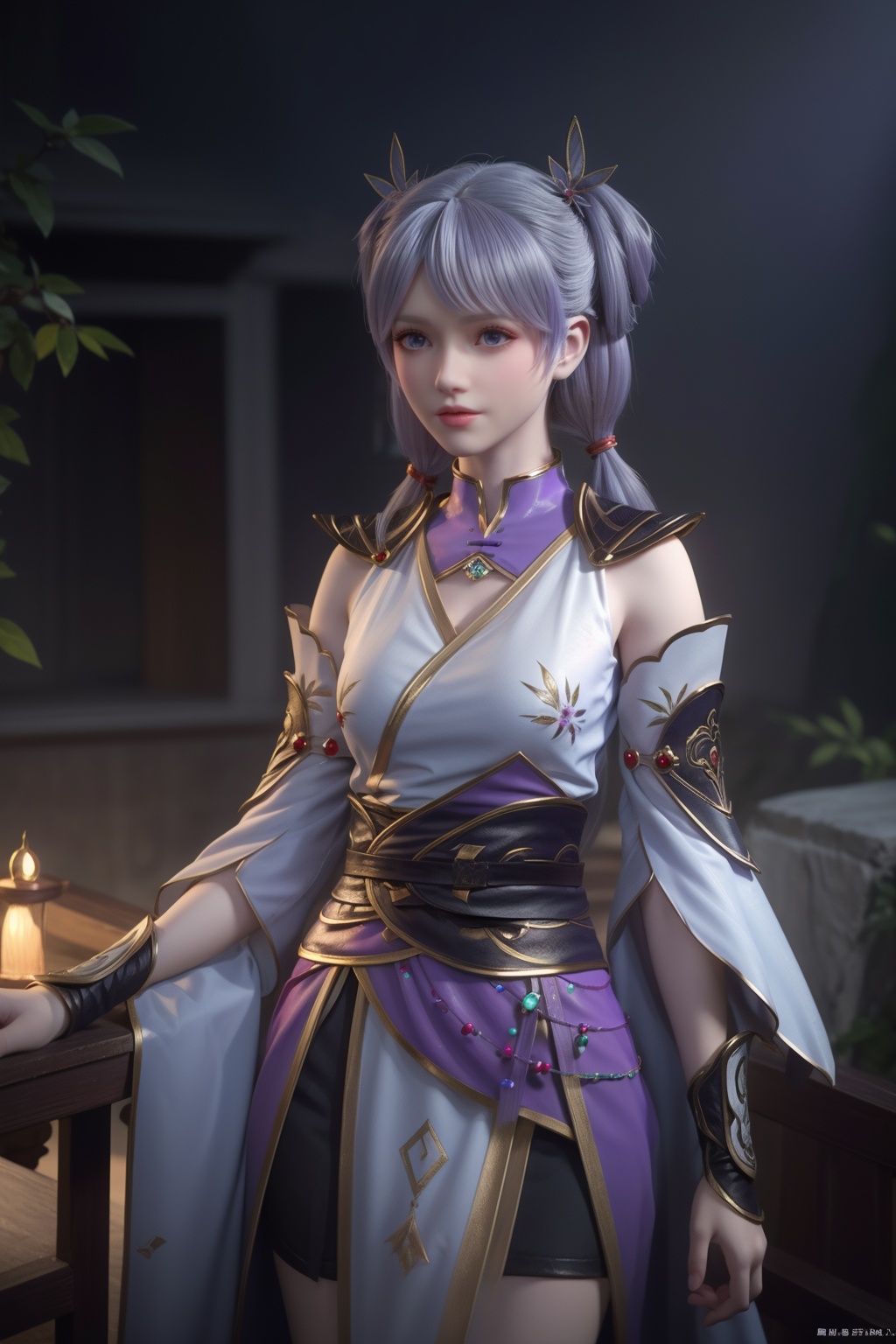 masterpiece,(best quality),official art,extremely detailed cg 8k wallpaper,(extremely delicate and beautiful),solo,realistic,photo_\(medium\),1girl,solo,(light purple hair),bangs,hair ornament,low twintails,realistic,double bunarmor,chinese clothes,bare shoulders,detached sleeves,jewelry,<lora:hanxue_v4.1:0.7>,