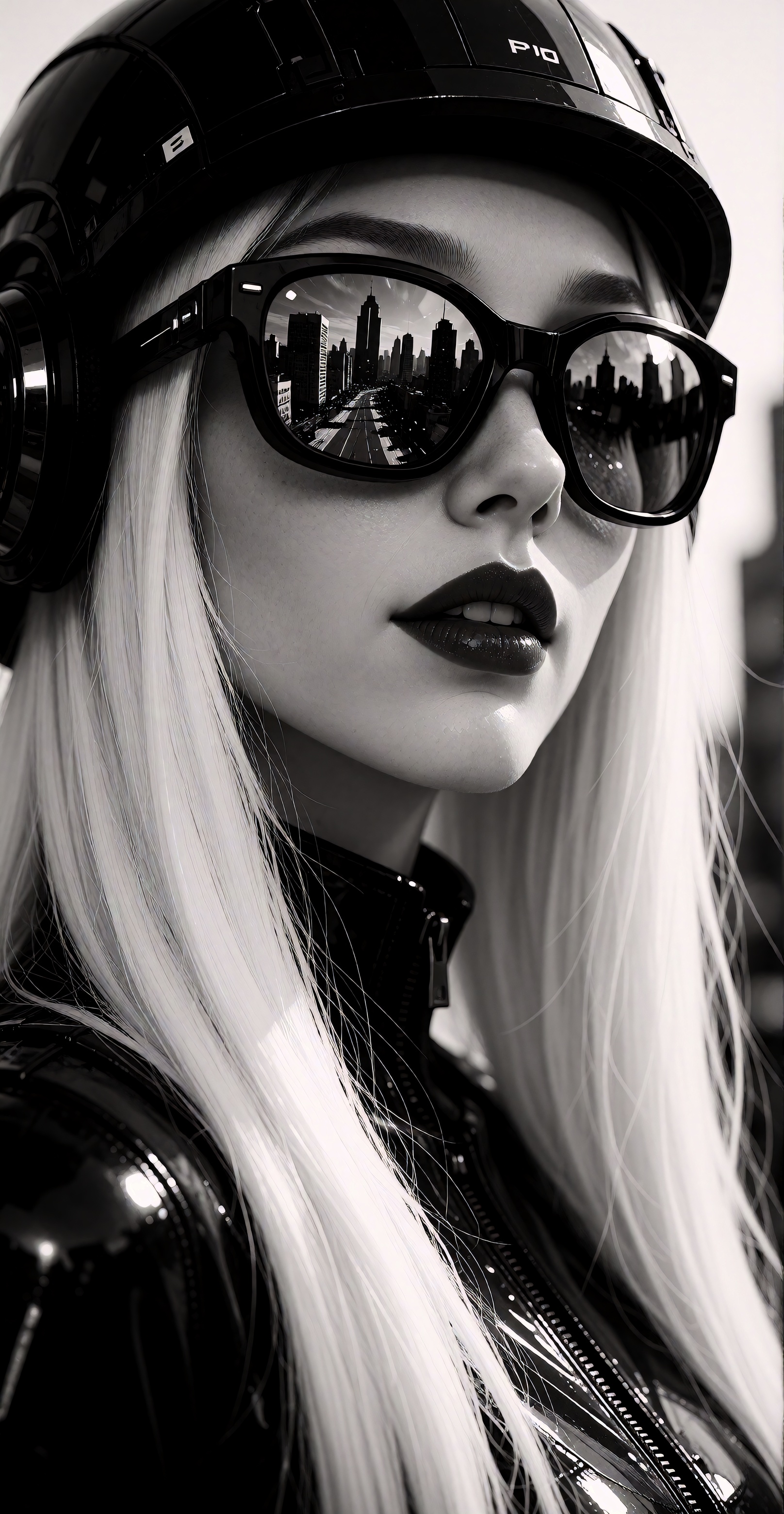 A striking black and white photograph of a woman with long,  straight white hair,  wearing futuristic sunglasses with a ci...