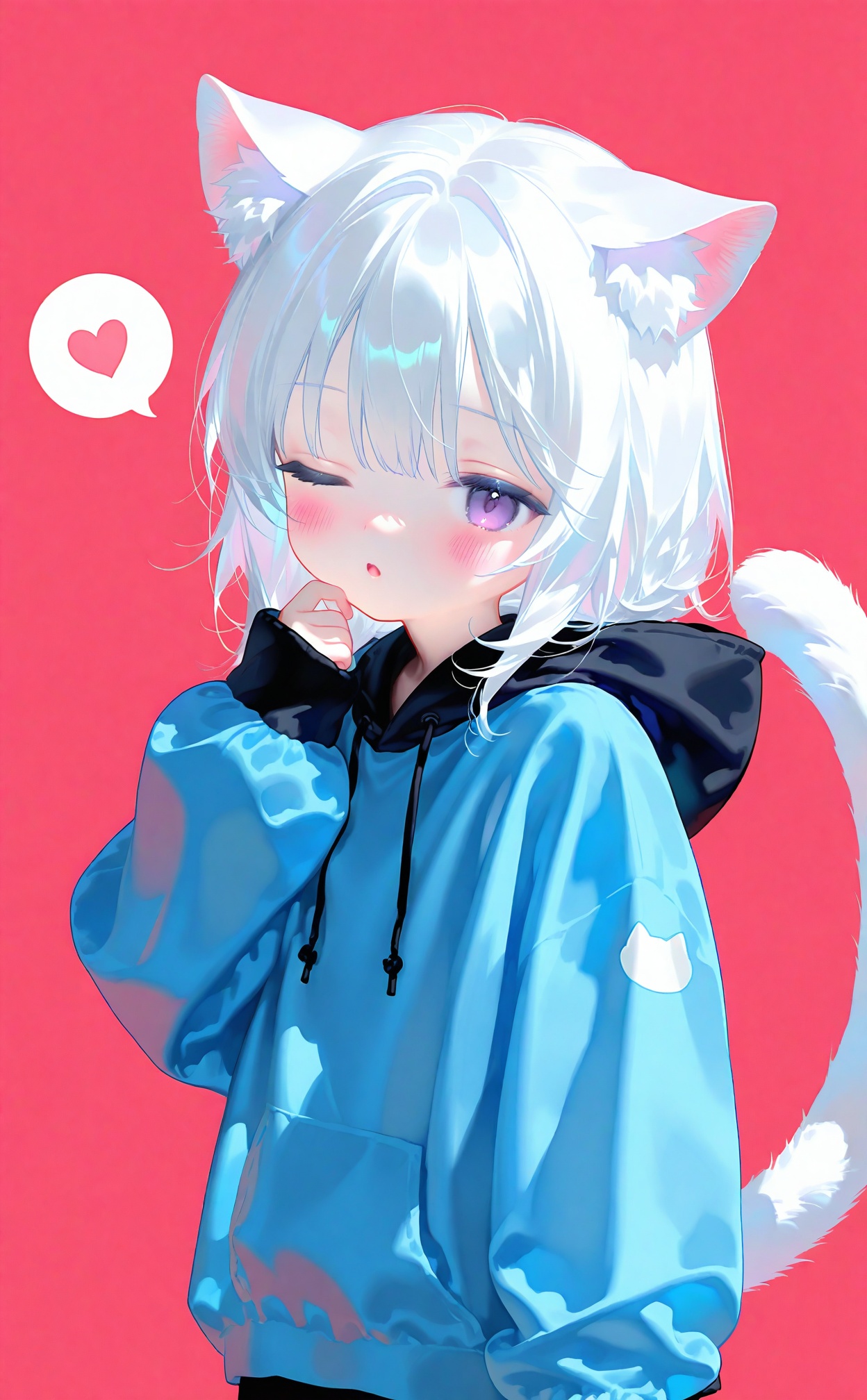 nyalia,loli,1girl,solo,looking at viewer,blush,bangs,long sleeves,animal ears,purple eyes,tail,white hair,heart,parted lips,one eye closed,puffy sleeves,cat ears,hand up,hood,cat tail,animal ear fluff,sleeves past wrists,hoodie,hood down,cat girl,red background,spoken heart,puffy long sleeves,drawstring,tail raised,black hoodie,;o,blue hoodie <lora:nyalia acid4up-000020:0.8>