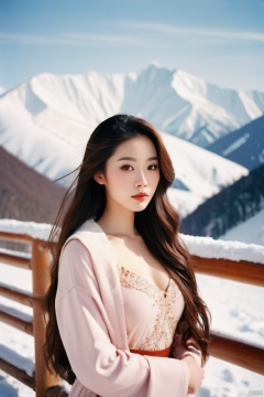a beautiful chinese girl,elegant style, long hair, prefect face, brown eyes, makeup, blush, lips, (curvy), big tits, thin waist, (looking at viewer), standing in the snow, winter, snow mountain, (film grain), 35mm film, by leica m50 f/1.9