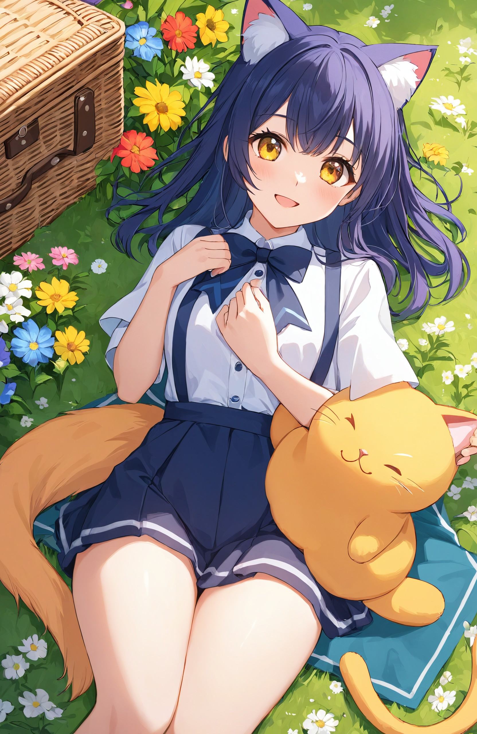 "Wholesome anime art style, showing a young girl lying on a picnic blanket on a sunny day, surrounded by flowers and a large-eyed cat. She is holding a plush toy close to her chest, with a gentle smile on her face. The scene is filled with the vibrant colors of nature, and the overall atmosphere is one of peace, contentment, and warmth."