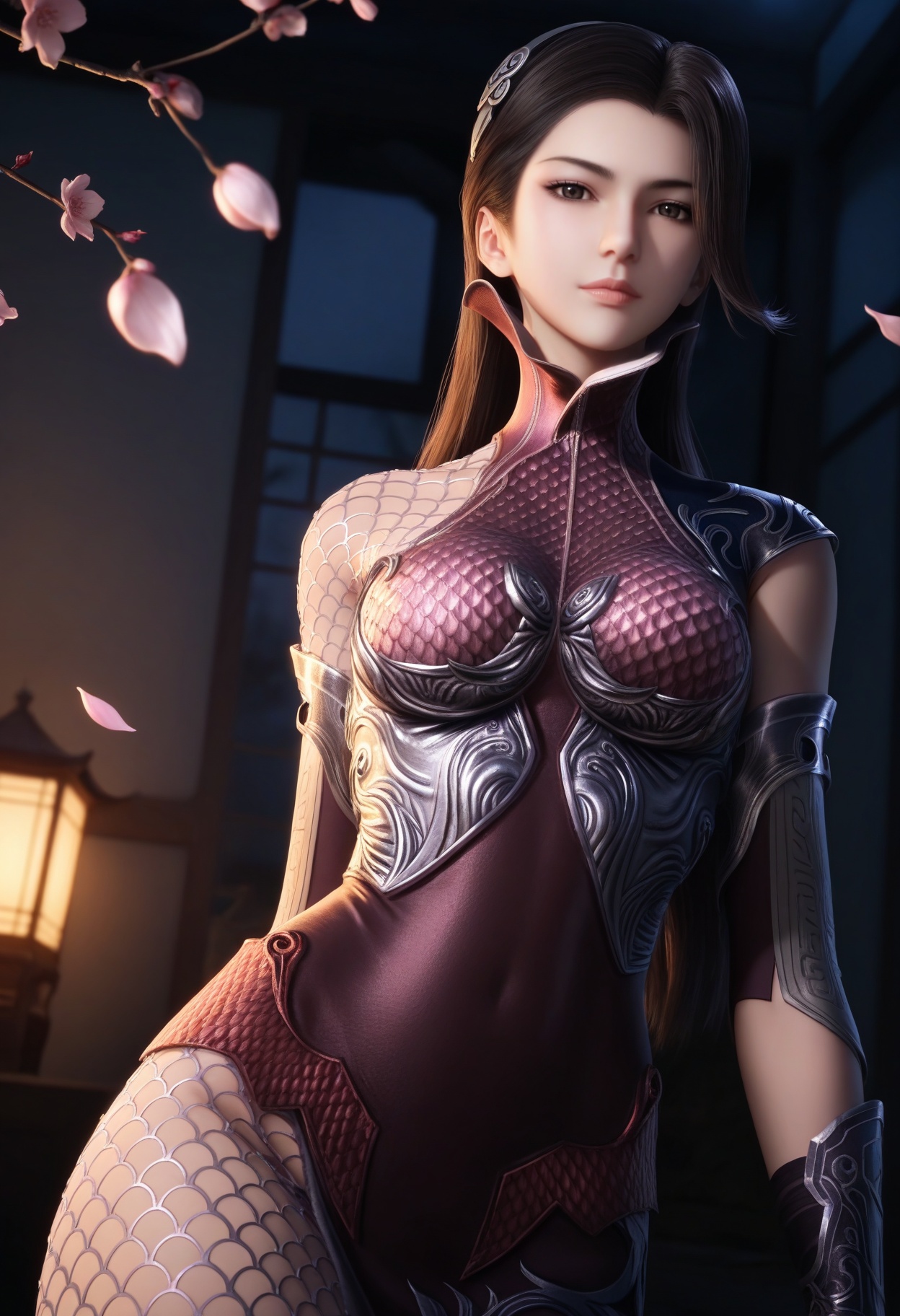 masterpiece,best quality,amazing quality,very aesthetic,high resolution,ultra-detailed,absurdres,scenery,photorealistic,(looking at viewer:1.1),upper body,(Dark room:1.3),(moody lighting:1.1),peach blossom,falling petals,(large breasts:0.8),tianyan,1girl,solo,long hair,black hair,armor,brown eyes,brown hair,hair ornament,bodysuit,fishnets,fishnet pantyhose,dress,gloves,black eyes,high collar,hairband,elbow gloves,high heels BREAK photorealistic details,<lora:QQSilltianyanV1:0.8>,