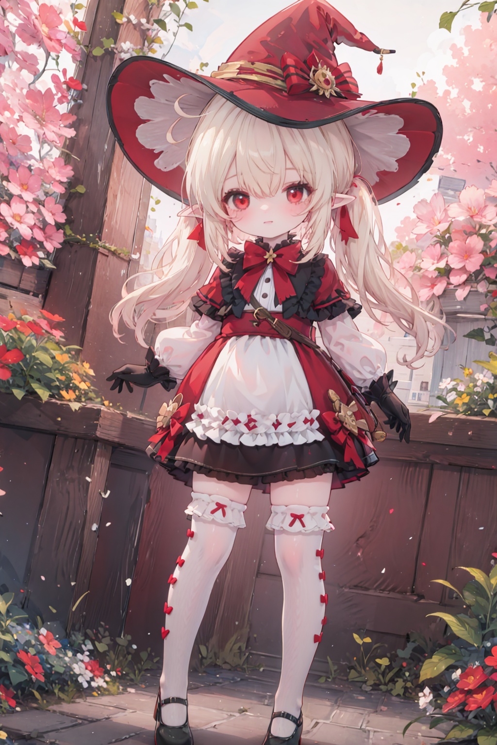 keli,1girl,solo,pointy ears,hat,twintails,witch hat,depth of field,looking at viewer,red eyes,low twintails,hair between eyes,thighhighs,bowtie,red headwear,red bow,mary janes,Black gloves,finger_to_mouth,pigeon-toed,standing,black footwear,white thighhighs,light brown hair,evil smile,ahoge,cuteloli,372089,<lora:huazhukeli_V1.4:0.5>,<lora:kincora_v1:0.4>,<lora:cutemix:0.3>,<lora:ciloranko_cyan:0.4>,<lora:clearloli_v1.1_lbw:0.5>,