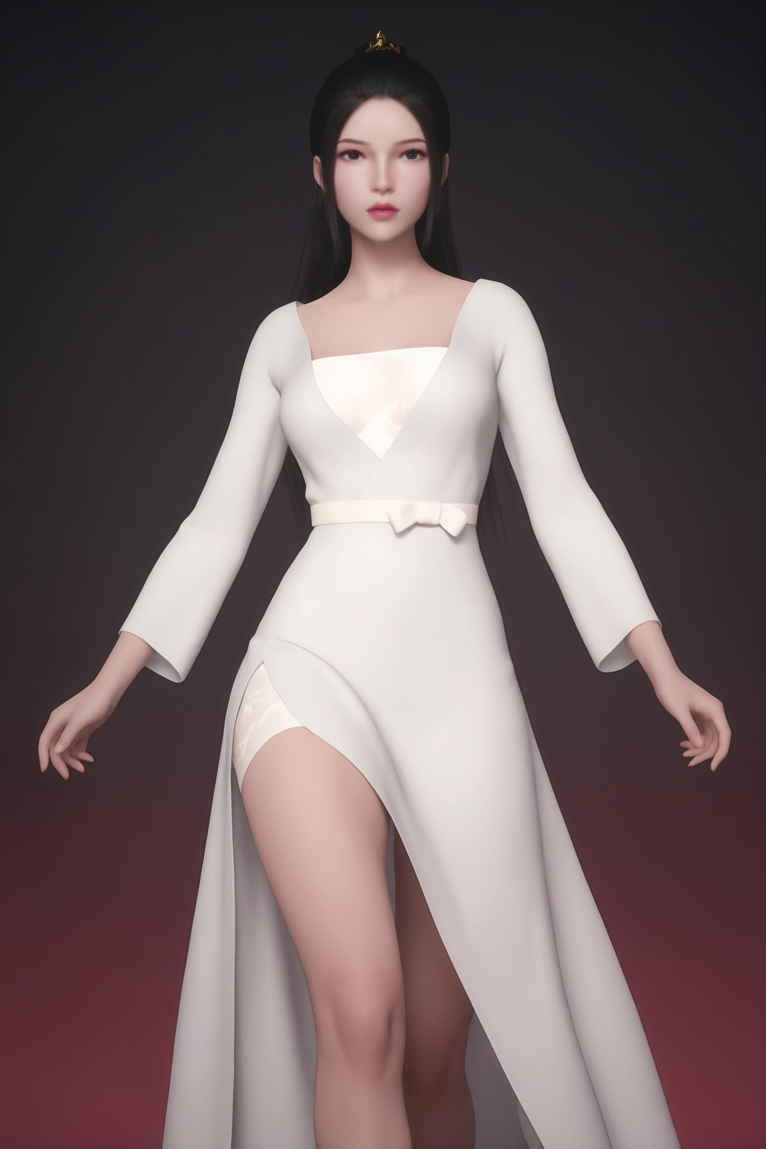 breasts,black background,simple background,photorealistic,1girl,beautiful_detailed_eyes,masterpiece,best quality,cinematic lighting,ethereal,standing,looking at viewer,<lora:武神主宰-幽千雪IL:0.7>,1girl,long and dark hair tied with red ribbon,flowing,white,long-sleeved dress,slightly transparent,cinched waist,white belt,revealing her toned legs,