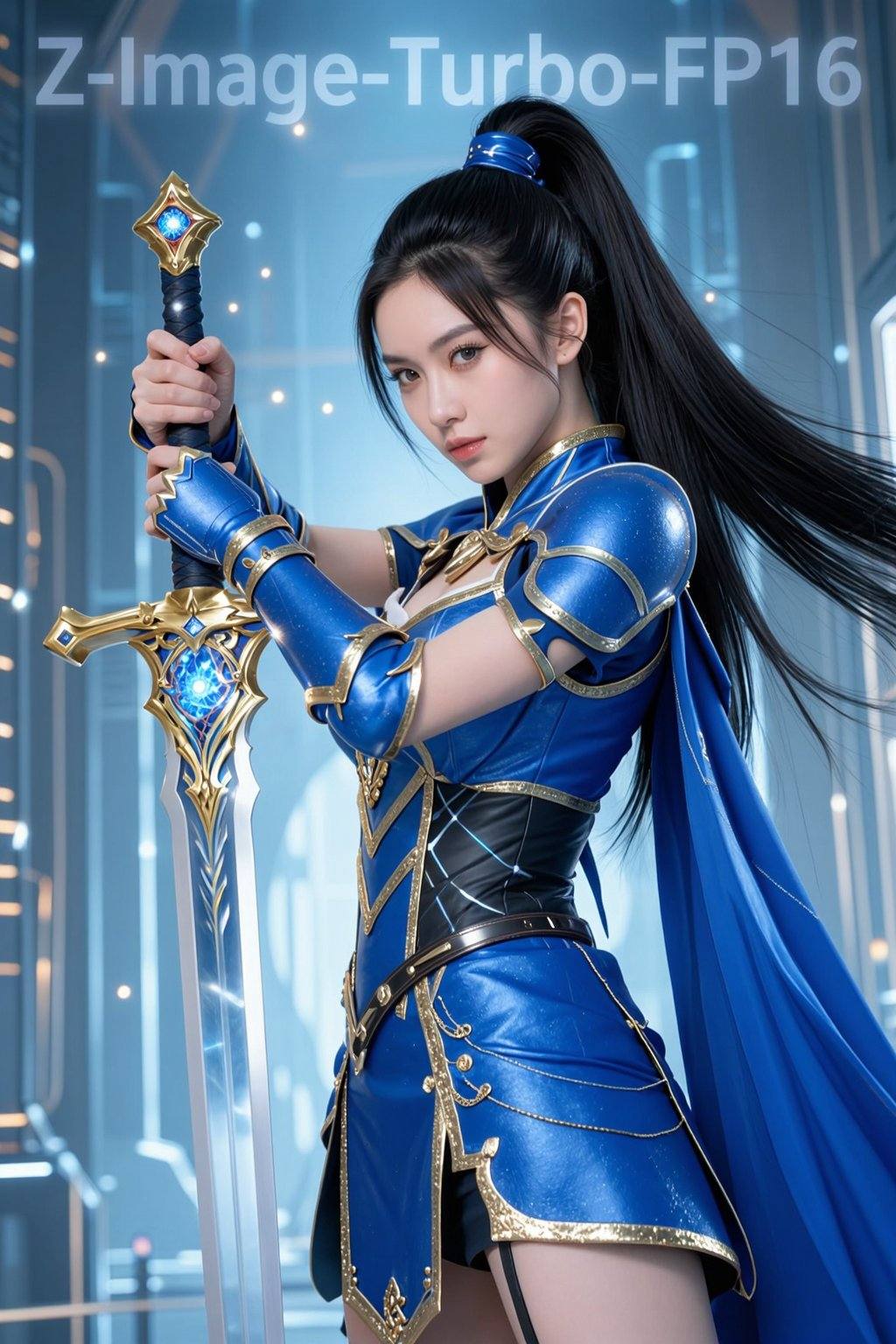 这张HDR电影剧照描绘了一位造型精致、风格化的年轻女子，她留着一头乌黑的长发，高高束成马尾，并用蓝色丝带装饰。她身着饰有金色点缀的精美蓝色盔甲，包括披风和护手。她手持一把装饰华丽的大剑，剑柄上镶嵌着一颗闪闪发光的闪亮蓝金色光球，成为画面的焦点。背景展现了一个充满未来感的高科技环境，垂直的建筑和闪烁的灯光营造出科幻氛围。人物表情严肃而坚定，更增添了她力量十足、蓄势待发的气势。背景顶部写着半透明色“Z-Image-Turbo-FP16”