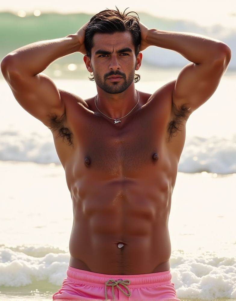 Ferran Torres ,  A HD high-quality close-up photo. stepping out of the ocean. water cascading down his toned chest and arm...