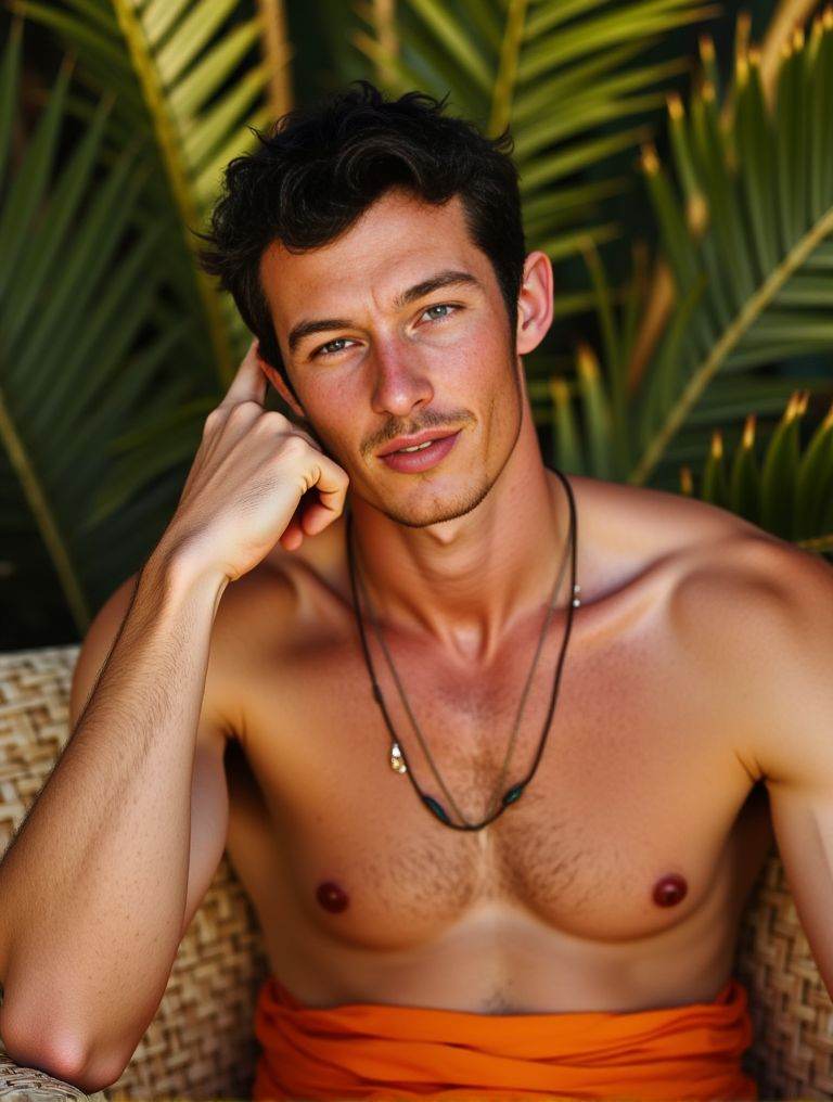Callum Turner ,  male focus. shirtless . he is smiling. hypnotic eyes. multiple pose positions. light particles. sparkling...