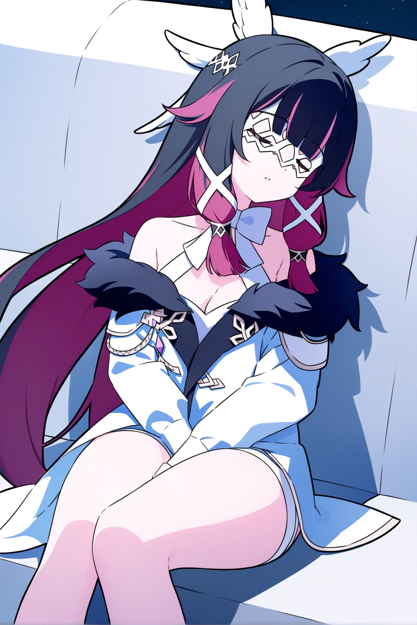 Columbina\(genshin impact\), 1girl, eye mask, solo, multicolored hair, breasts, white mask, black hair, long hair, closed eyes, fur trim, sitting, two-tone hair, coat, cleavage, bare shoulders, fur-trimmed coat, off shoulder, white bow, bow, white coat, sleeping, wings, wing hair ornament, medium breasts, head wings, pink hair, streaked hair, thighs, blunt bangs