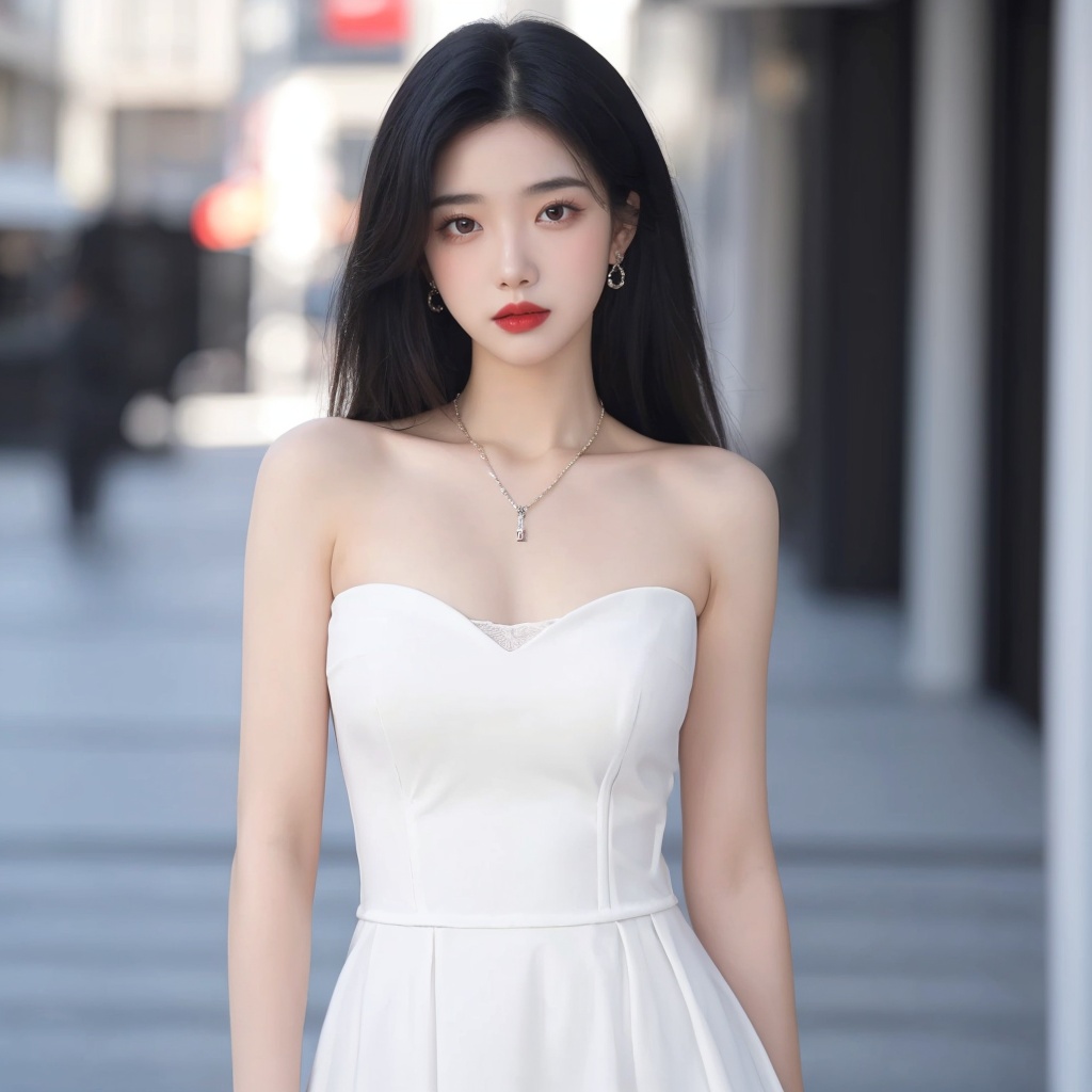 1girl, bag, bare_shoulders, black_eyes, black_hair, blurry, blurry_background, breasts, collarbone, depth_of_field, dress, jewelry, lips, lipstick, long_hair, looking_at_viewer, makeup, medium_breasts, necklace, red_lips, solo, standing, strapless, white_dress, <lora:meinv76:0.6>