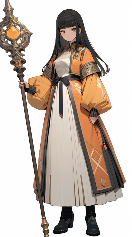 (best quality), ((masterpiece)), (highres), illustration, original, extremely detailed . <lora:日式动漫人设GIRL版XL:0.7>ooo, 1girl, solo, holding, full body, white background, staff, long hair, black hair, holding staff, standing, simple background, long sleeves, looking at viewer, bangs, brown eyes, black footwear, boots, dress, blunt bangs, closed mouth