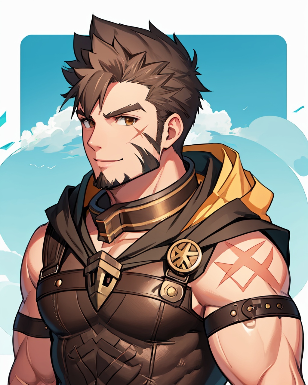 masterpiece,best quality, highly detailed, heracles (housamo),solo, 1boy, long sideburns, muscular male, goatee, bara, smile, chest harness, large pectorals, mature male, upper body, cross scar,<lora:heracles_(housamo):1>