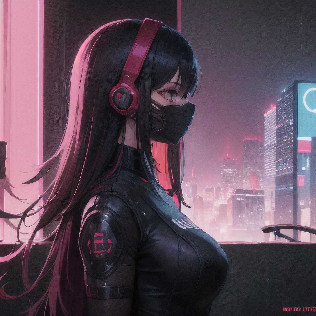 (masterpiece,  best quality,  ultra detailed), Cyberpunk mask, Cyberpunk fashion, Futuristic fashion, Sci fi fashion, from side, 1girl, shiny hair,