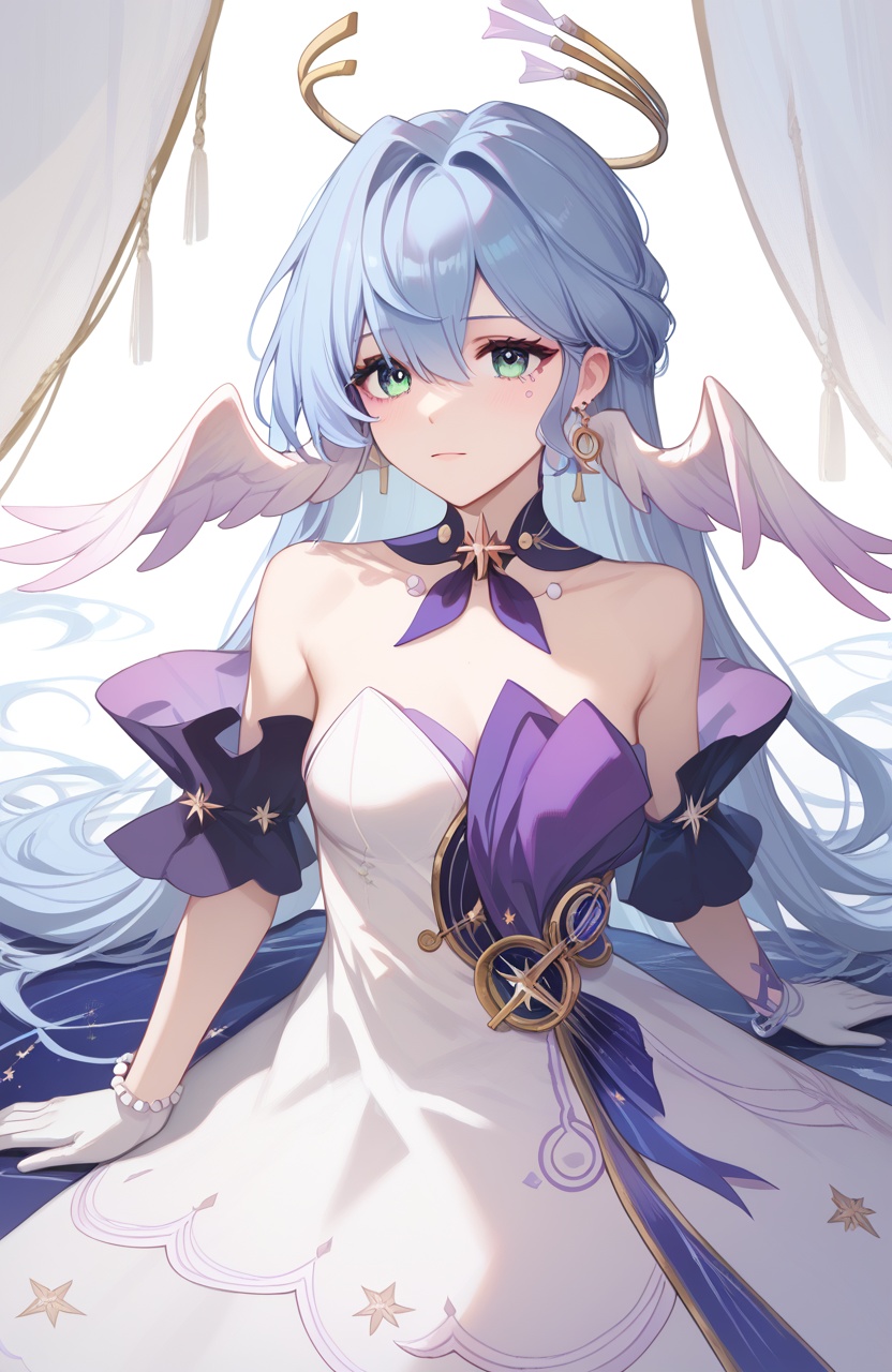 <lora:知更鸟pony:1>,robin,a girl named robin,1girl,white dress,bare shoulders,halo,white gloves,earrings,bracelet,head wings,, (score_9,score_8_up,score_7_up),(masterpiece,best quality,high quality:1.2),absurdres,